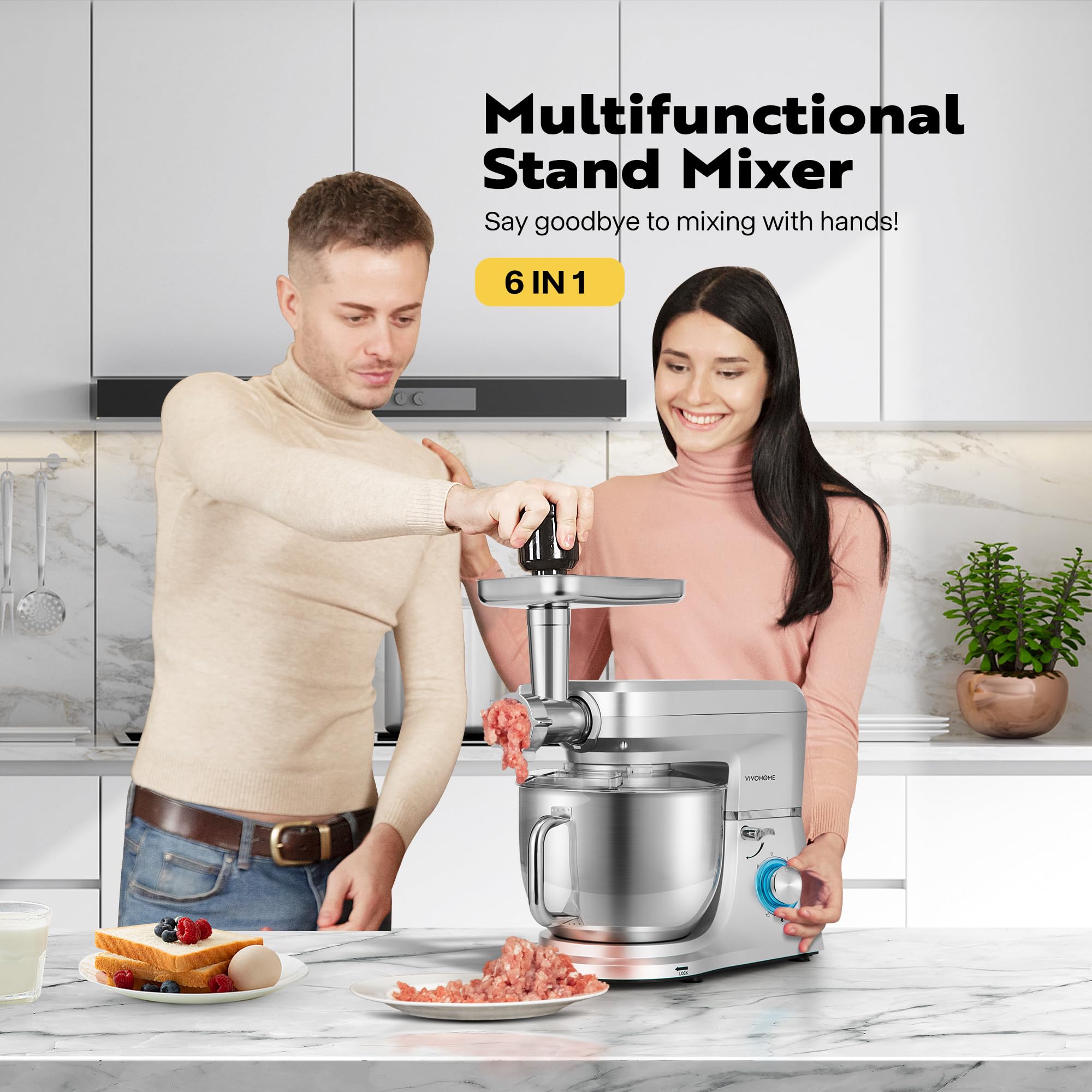 VIVOHOME 6-in-1 Multifunctional Stand Mixer with 8.5 Quart Stainless Steel Bowl, 660W 10-Speed Tilt-Head Meat Grinder, Juice Blender, Vegetable Slicer, Pasta & Cookie Maker - Perfect for Baking, Cooking & Meal Prep in Home Kitchen (Silver)