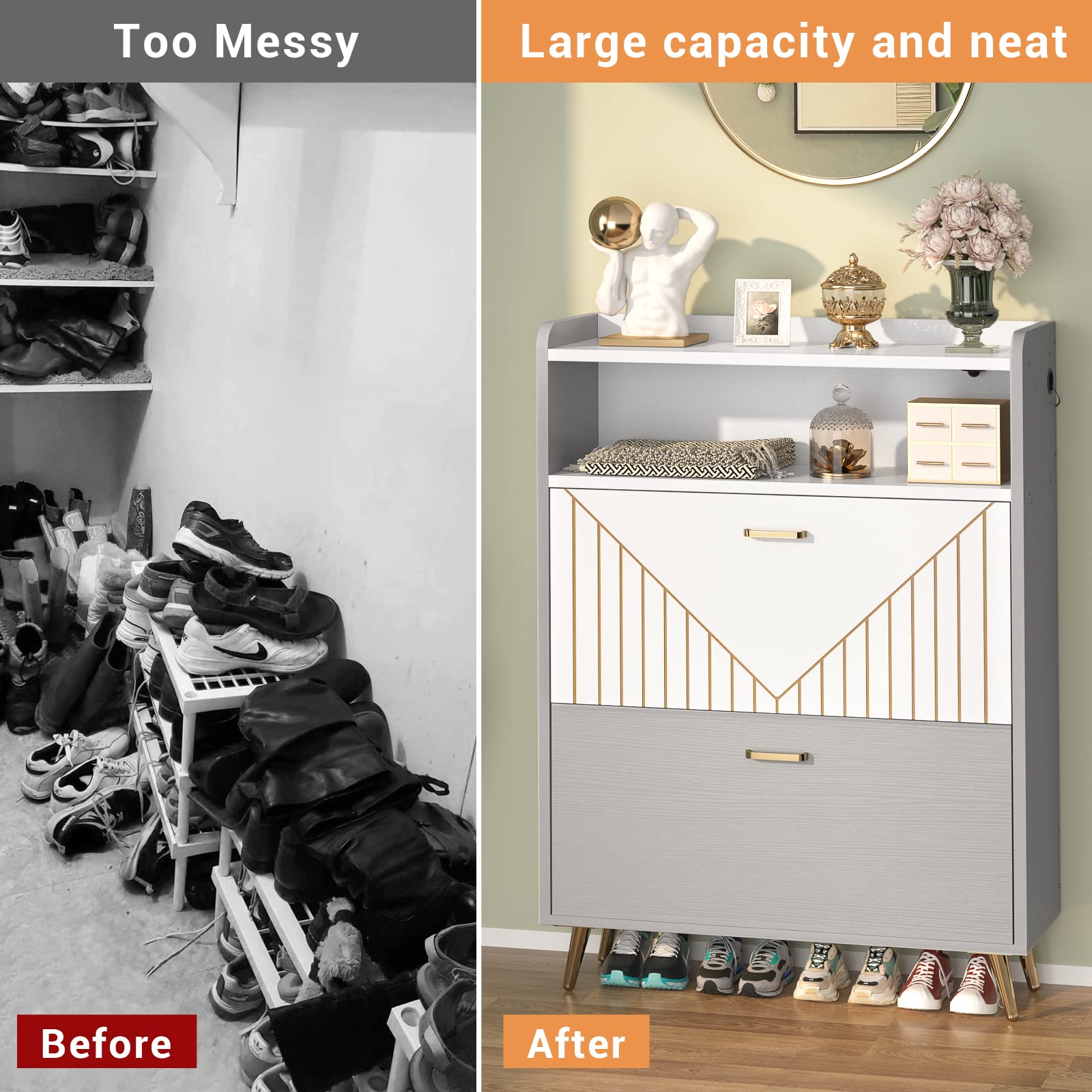Aheaplus Motion Sensor LED Shoe Cabinet Organizer - Narrow Wooden Shoe Rack with Open Shelves for Entryway, Closet & Living Room (Grey & White) | Space-Saving Shoe Storage Solution for Small Apartments & Modern Homes