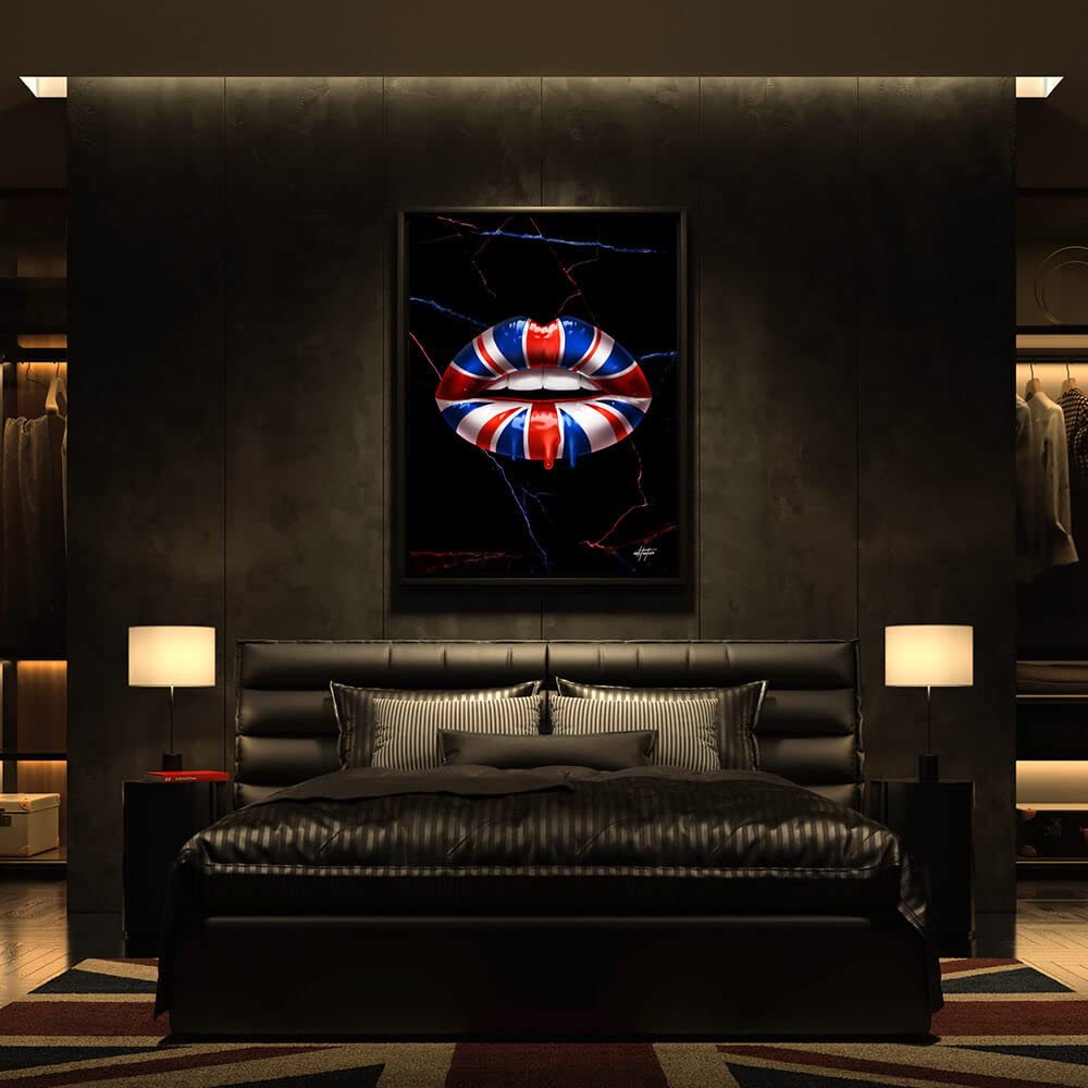 Inktuitive British Kiss Inspirational Lips Canvas Wall Art - Motivational Home & Office Decor - 40x30 Inches Black Framed Poster for Bedroom, Living Room, Office - Perfect for Gifts & Wall Decoration