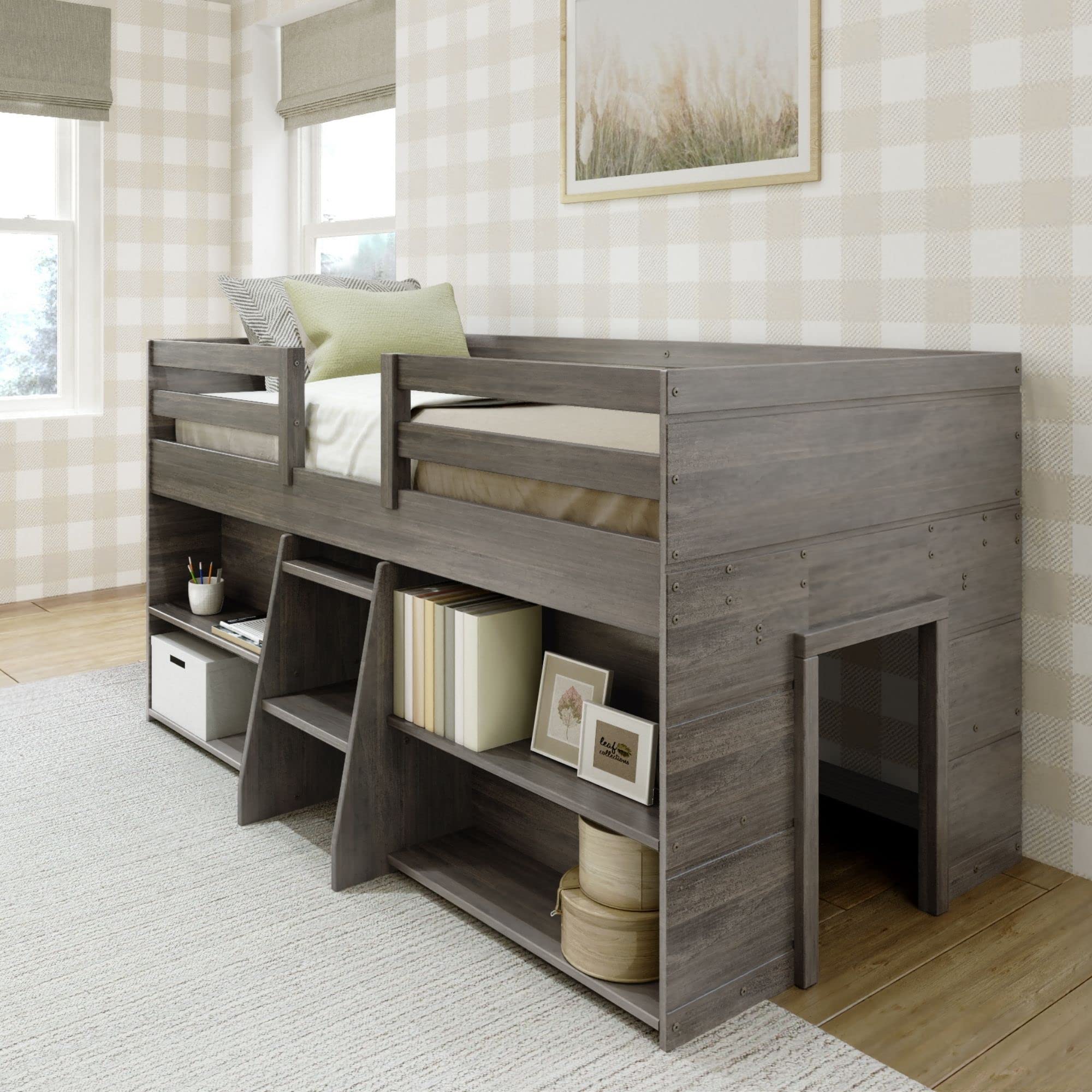 Modern Farmhouse Low Loft Twin Bed Frame for Kids with 2 Built-in Bookcases - Solid Wood Driftwood Finish - Space-Saving Study & Play Solution for Small Bedrooms