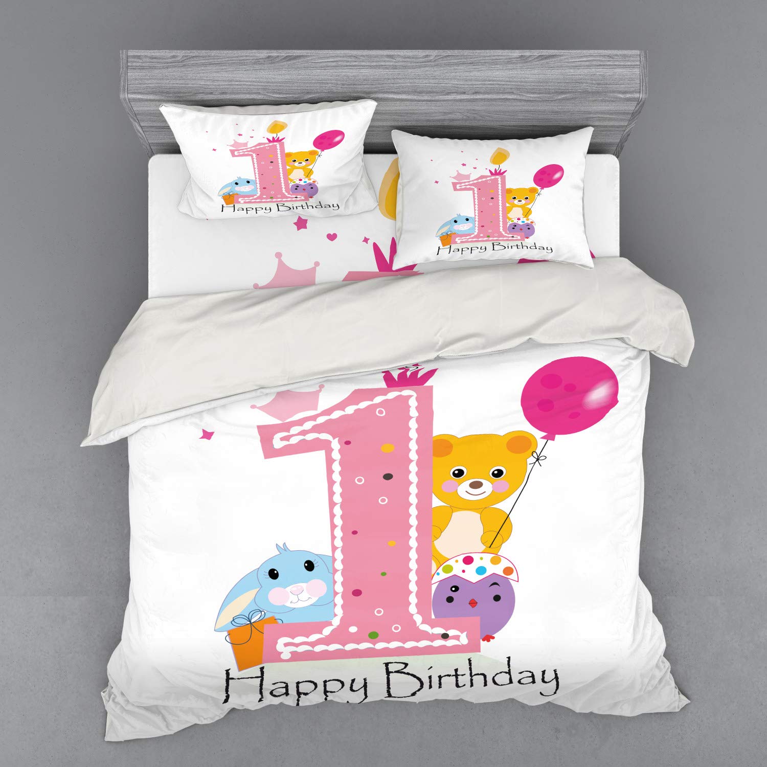 Ambesonne 1st Birthday Duvet Cover Set - Cartoon Girl & Party Cake with Candle Teddy Bear Print | 4-Piece Bedding Set with Shams & Fitted Sheet | King Size in Pale Pink & Hot Pink | Perfect for Girls' Birthday Parties & Nursery Decor