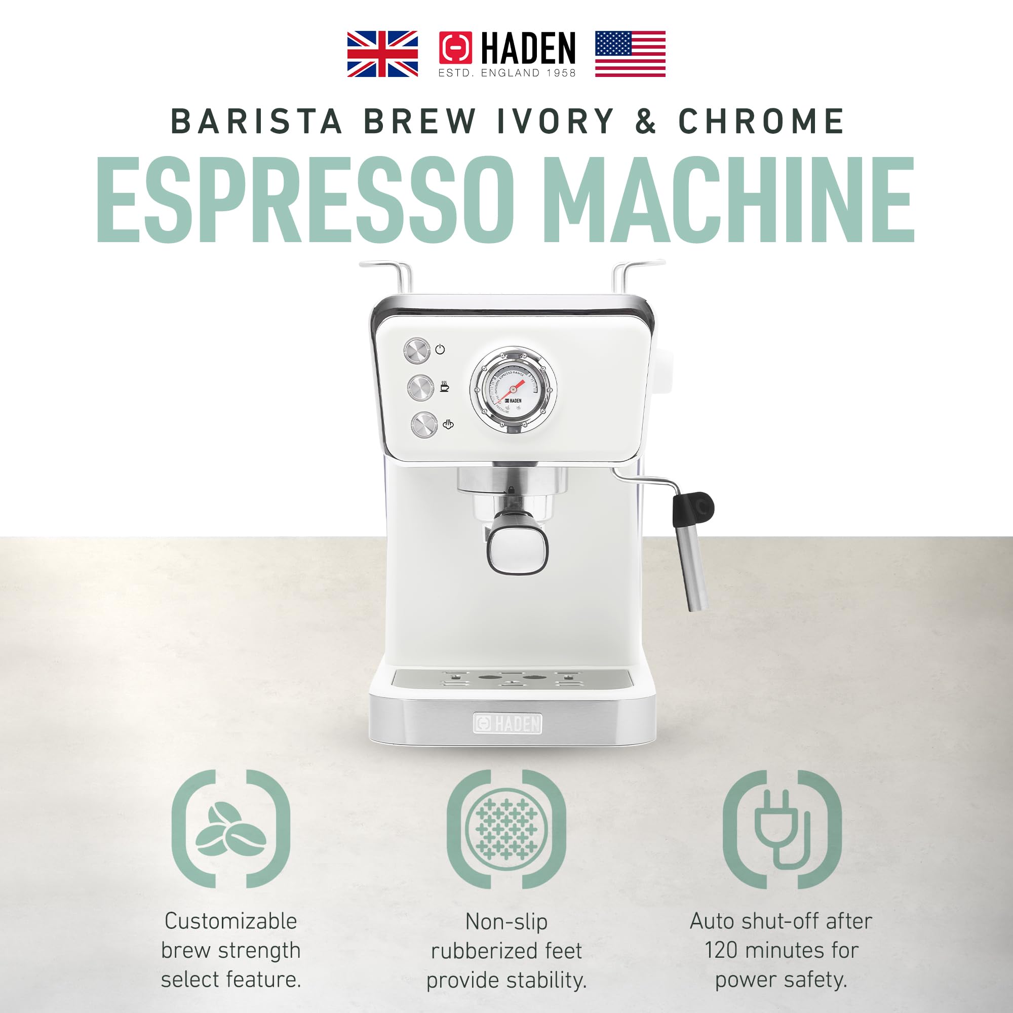 HADEN Barista Brew Espresso Coffee Machine - Stainless Steel Espresso Maker with Milk Frother, Steamer & 1.5L Water Tank, Ivory & Copper - Perfect for Home Baristas & Coffee Lovers