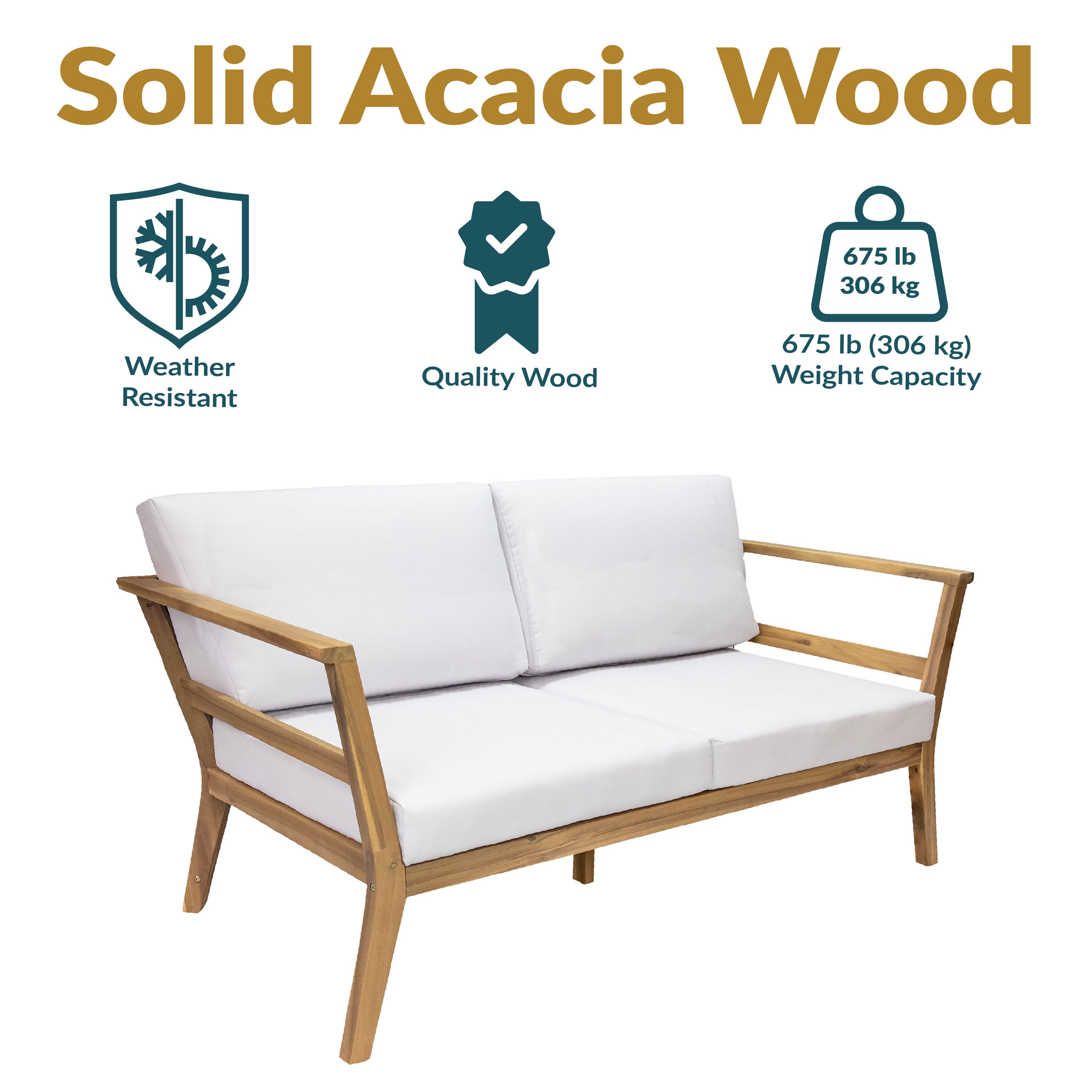 Acacia Wood Patio Loveseat - 2 Seater Outdoor Sofa with Cushions by Sunnydaze | Perfect for Backyard, Garden & Poolside Relaxation