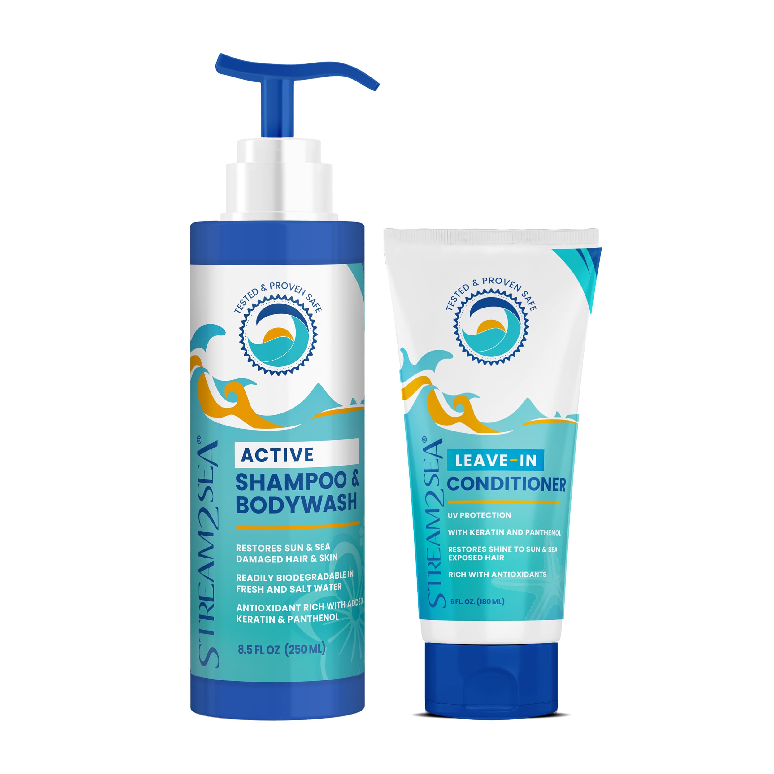 STREAM 2 SEA Ultimate Hair Care Combo - Natural UV Absorbent Conditioner & Shampoo | 3-in-1 Paraben-Free, Sulfate-Free Formula | 6oz Leave-in Conditioner + 8oz Conditioning Shampoo & Body Wash | Perfect for Beach, Pool & Outdoor Activities