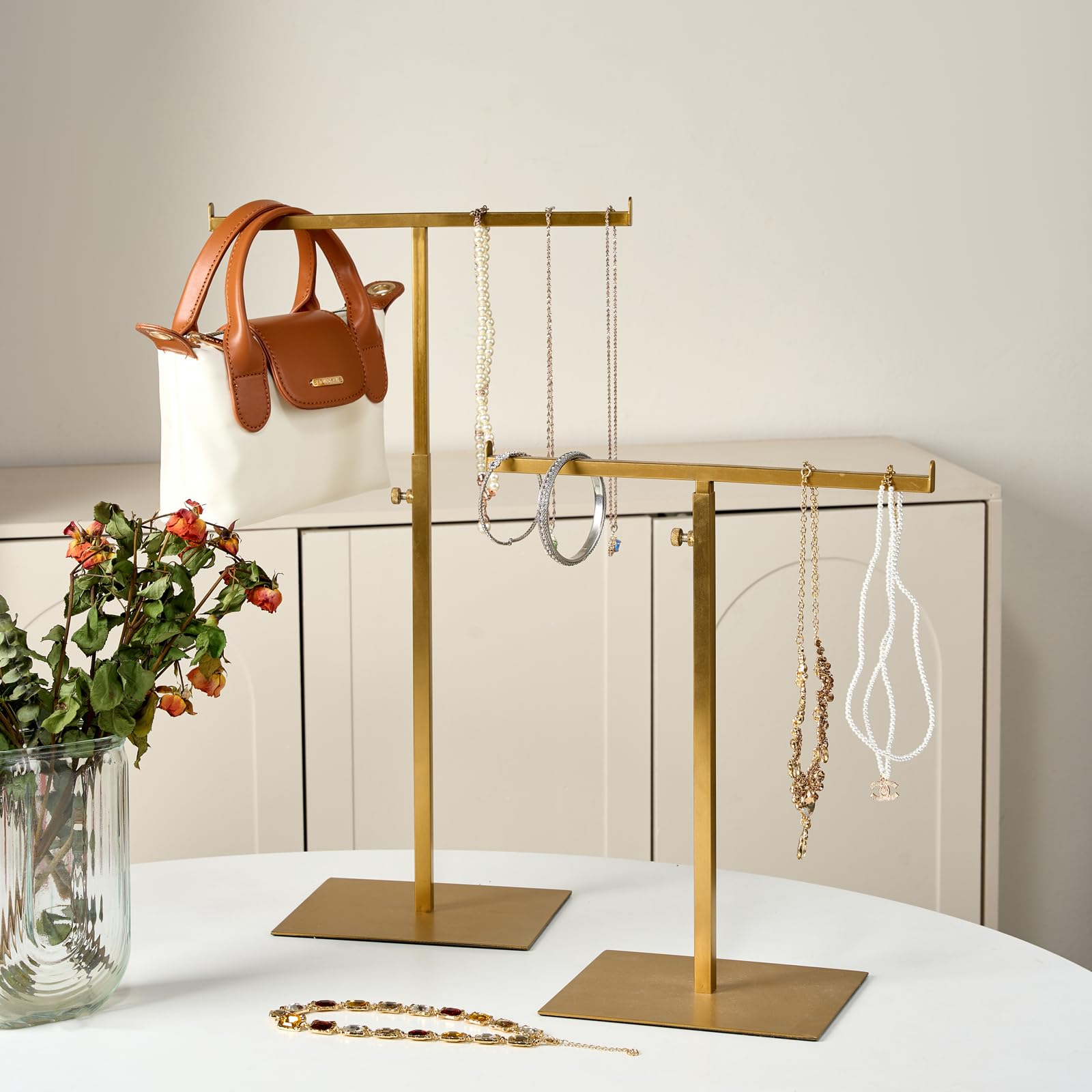 Stainless Steel Purse & Jewelry Display Stand - 2 Pack Adjustable Height Double Hook Hanging Organizer for Necklaces, Handbags - Perfect for Boutique, Home & Retail Store Displays