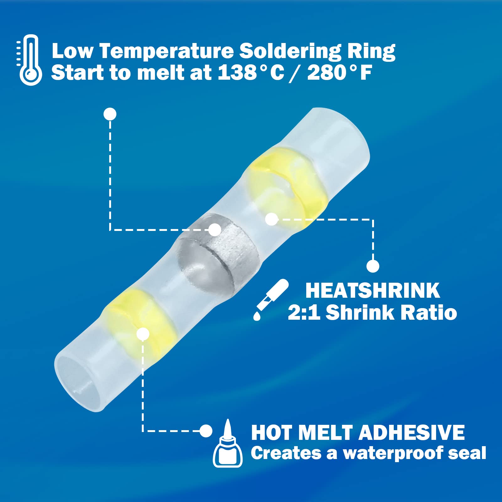 100Pcs 12-10 AWG Waterproof Heat Shrink Solder Sleeve Butt Connectors - Self-Soldering Electrical Wire Connectors (Yellow) for Marine, Automotive & Outdoor Electrical Wiring