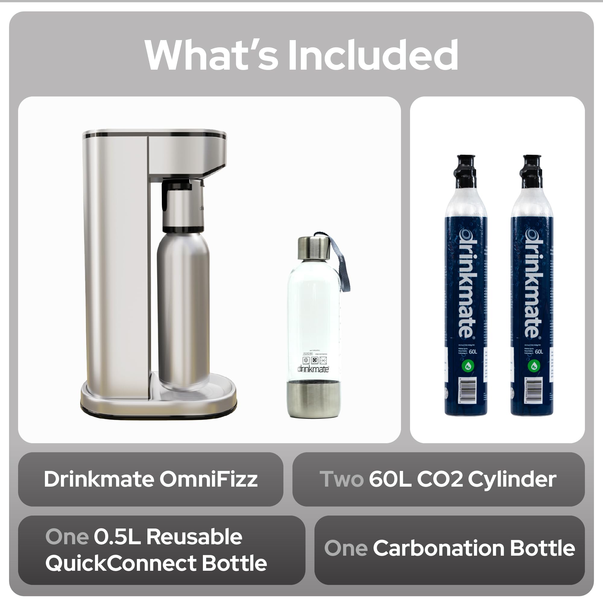 Drinkmate LUX Stainless Steel Sparkling Water Maker - Premium SodaStream Alternative for Carbonating Any Beverage | Includes 2 CO2 Cylinders, 1 Bottle & Fizz Infuser | Perfect for Home Bars, Parties & Healthy Hydration