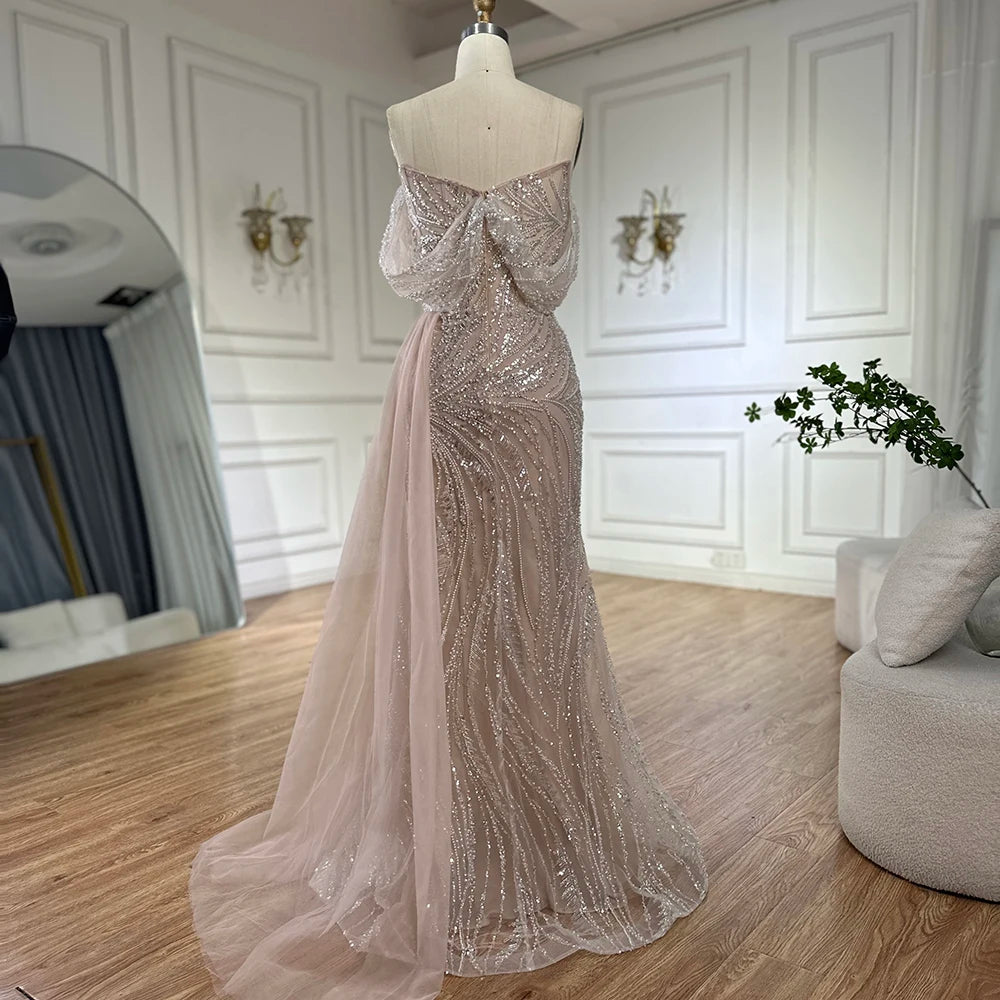 Elegant White Arabic Nude Beaded High Slit Mermaid Evening Gown for Women - Wedding, Party, Prom Dresses | Perfect for Formal Events, Red Carpet & Special Occasions