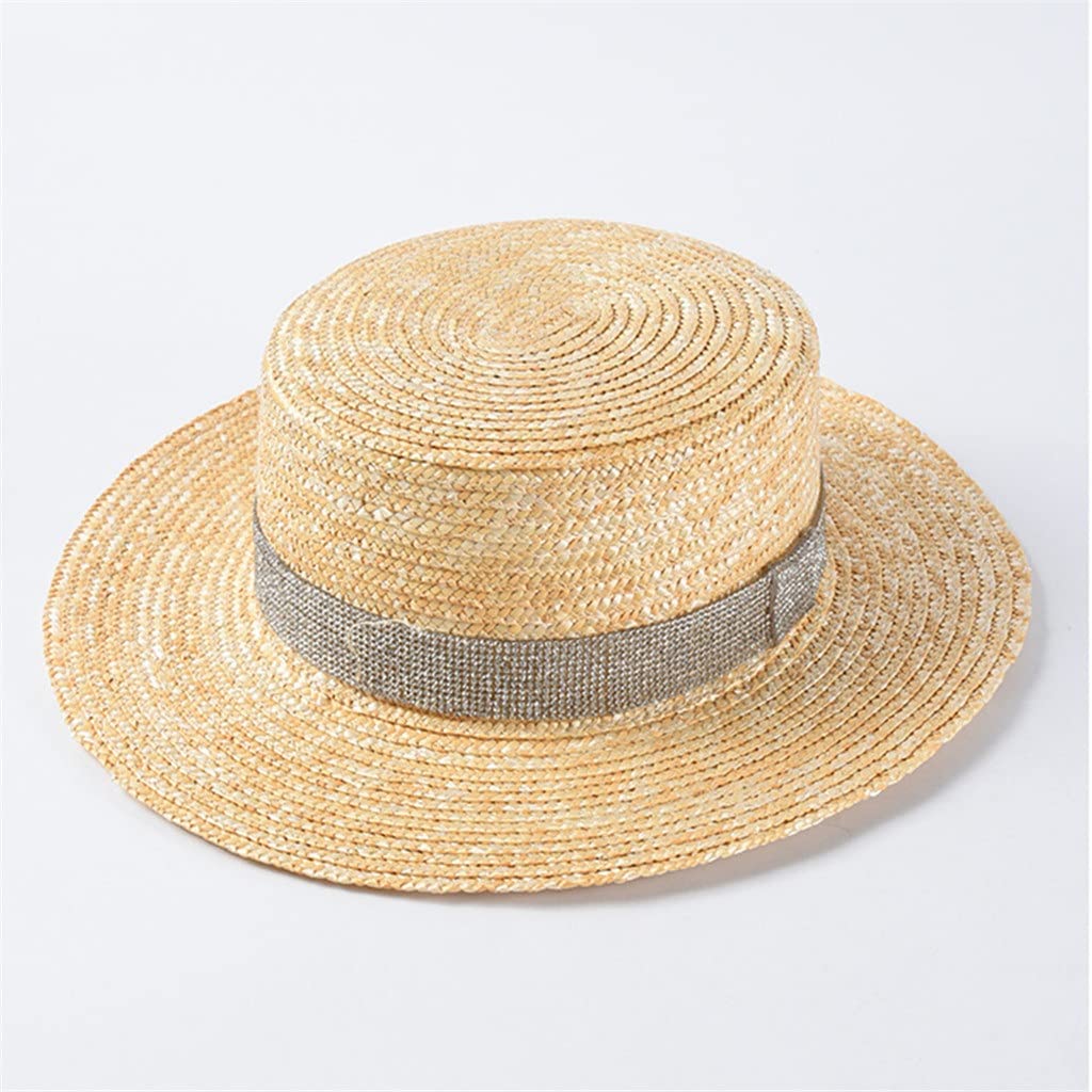 Stylish Rhinestone Boater Straw Sun Hat for Women - Adjustable 56-58cm UV Protection Summer Beach Hat in Beige | Perfect for Vacation, Pool Party & Outdoor Activities