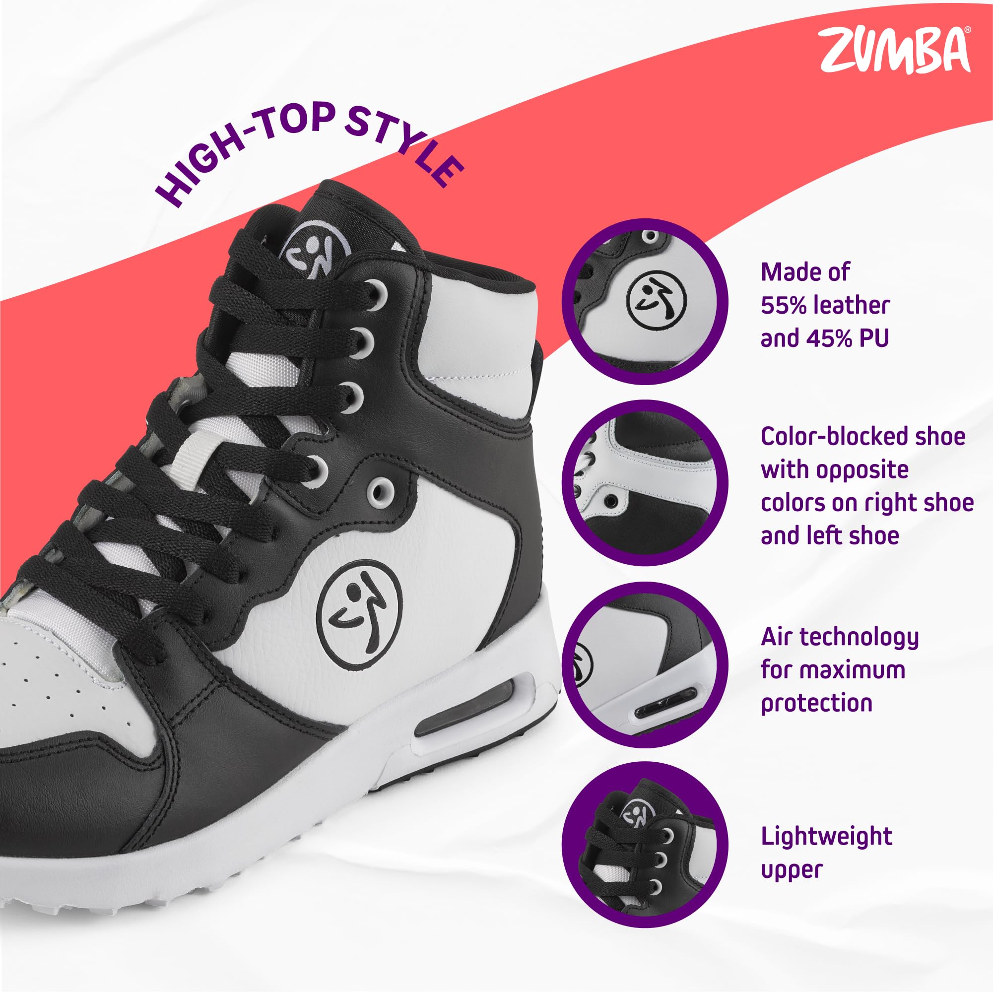 ZUMBA High-Top Sneakers for Women - Comfortable Dance Shoes with Air Cushion - Perfect for Zumba Fitness, Dance Classes & Casual Wear