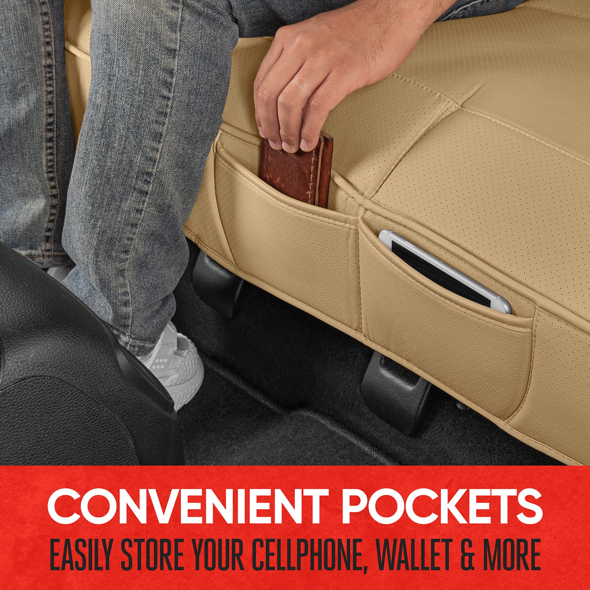 Motor Trend Faux Leather Car Seat Cover for Cars, Trucks & SUVs - Beige Padded Bench Cover with Storage Pockets | Premium Interior Protection | Perfect for Road Trips, Daily Commutes & Family Travel