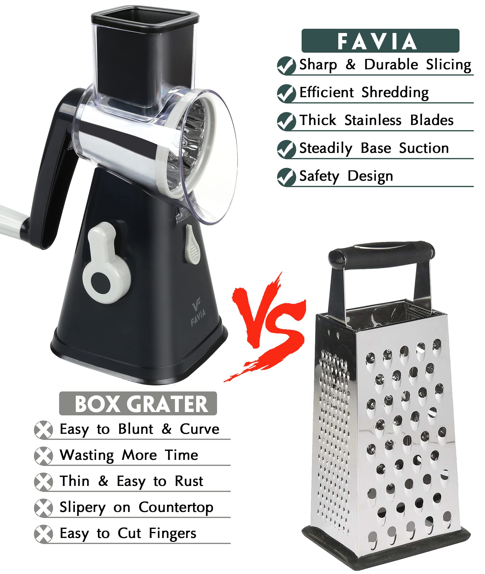 Premium Rotary Cheese Grater & Vegetable Slicer - 3 Interchangeable Blades for Shredding, Grating & Slicing - Easy Clean Kitchen Mandoline for Cheese, Fruits, Veggies & Nuts (Black & Grey) - Perfect for Meal Prep, Salads & Cooking at Home