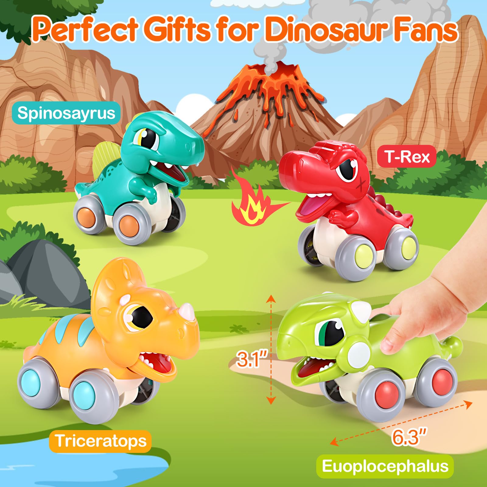 Dinosaur Push and Go Friction Car Toys for Toddlers Age 1-3 | Fun Educational Toys for 1 Year Old Boys | Perfect Birthday Gift for 12-18 Month Olds | Great for Playtime, Learning & Motor Skill Development