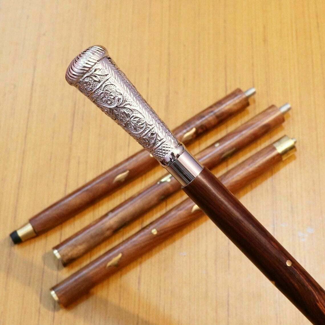 Vintage Wooden Walking Cane with Nautical Brass Handle - Classic Brown Victorian Style Long Walking Stick - Handmade by Faiza International - Perfect for Elderly Support, Fashion Accessory & Historical Reenactments