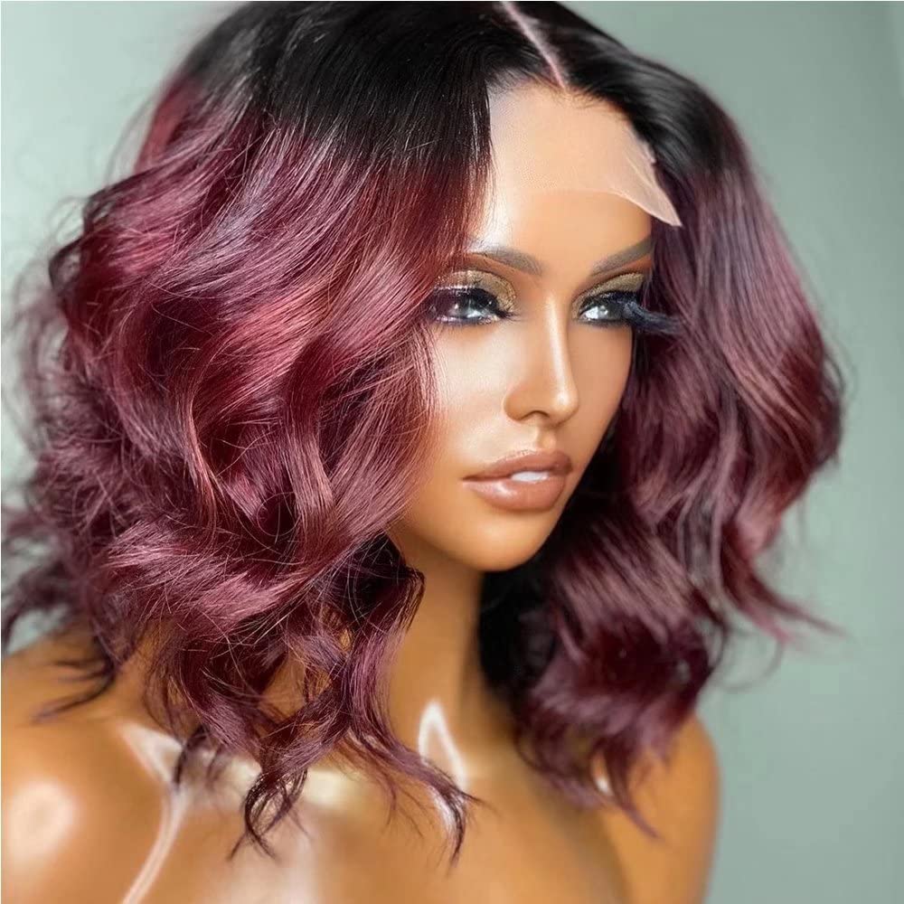 1B 99J Burgundy Ombre Short Bob Wavy Human Hair Wig with 13x6 HD Transparent Lace Frontal | Pre-Plucked Bleached Knots & Baby Hair | Glueless Lace Wig for Black Women (150% Density) | Perfect for Daily Wear, Parties & Special Occasions