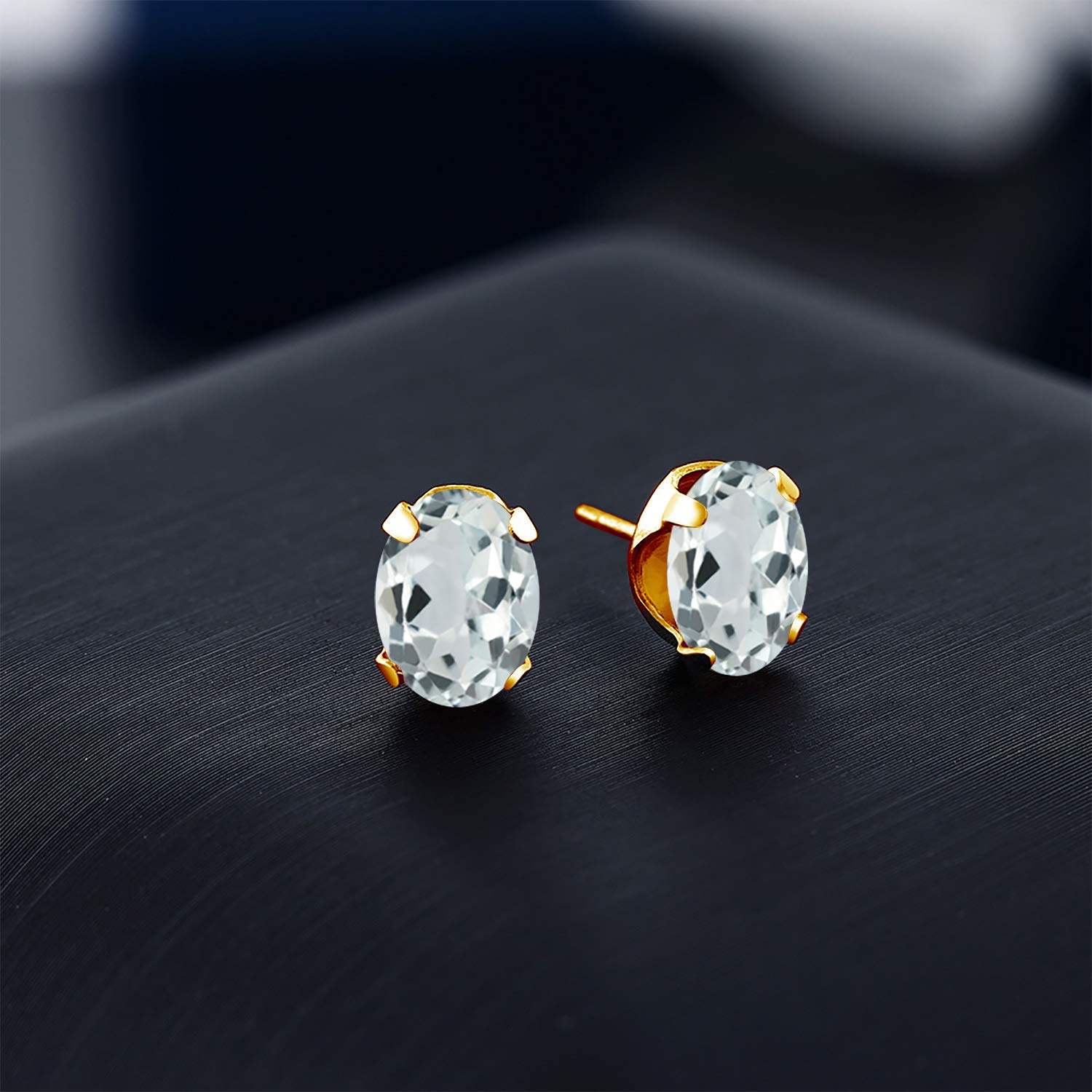 2.40 Ct Sky Blue Aquamarine Brass Stud Earrings - 8x6mm Yellow Gold Plated for Women & Men | Gem Stone King | Perfect for Weddings, Gifts & Everyday Wear