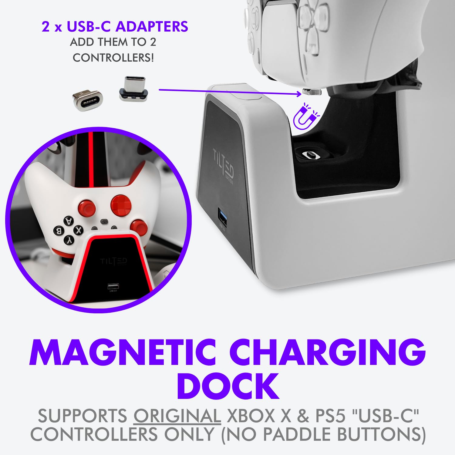 Tilted Nation RGB Gaming Headset & Controller Stand with Wireless Charging Station - Compatible with PS4, PS5, PC - Dual Charger for Headphones & Game Controllers - White Desk Organizer for Gaming Setup & Streaming Station