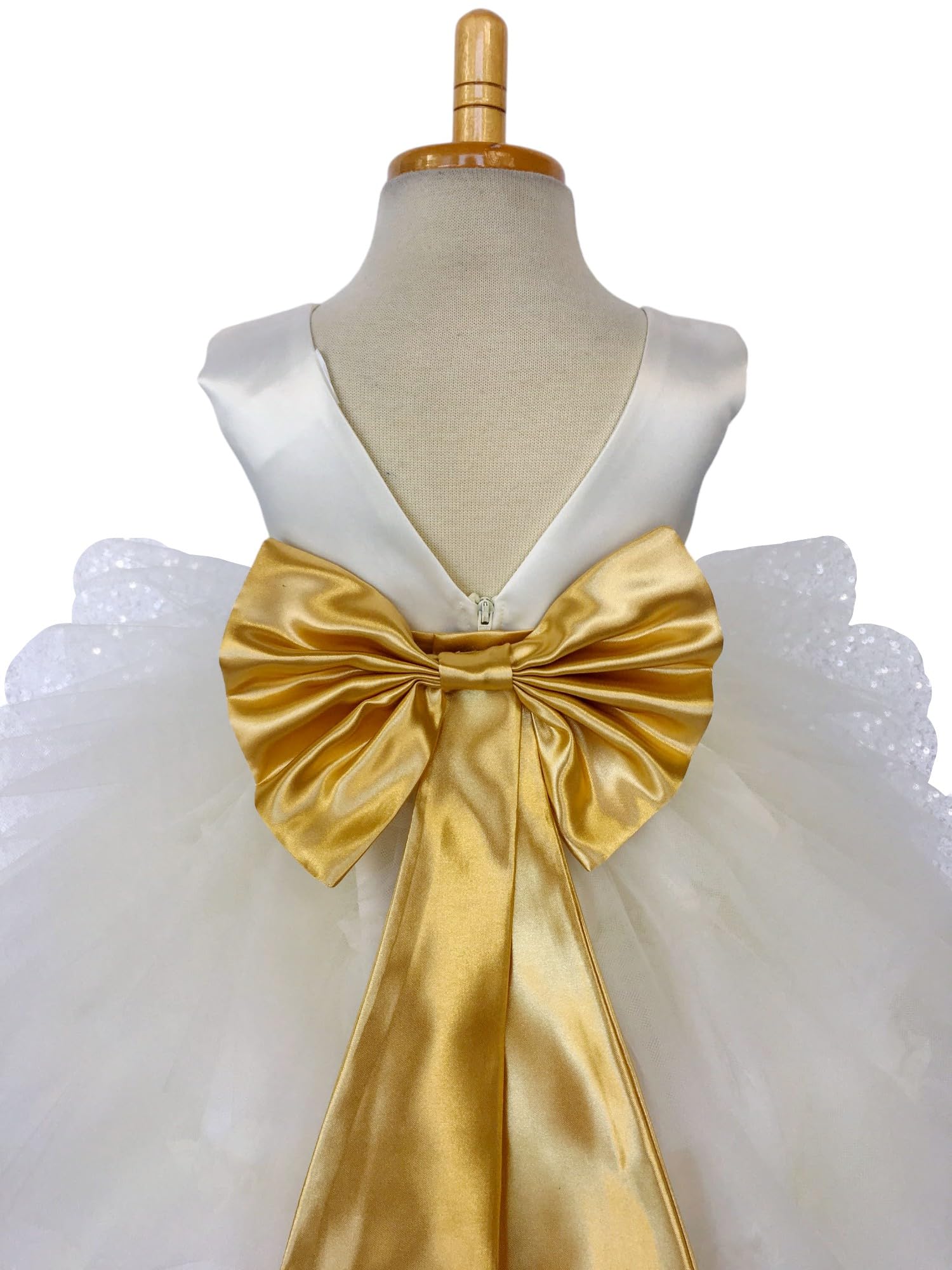Ivory Sleeveless High-Low Tulle Flower Girl Dress with Ruffle Trim - Wedding, Birthday Party Gown for Kids (Size 16, Includes Gold Accessories) | Perfect for Flower Girls, Pageants, and Special Occasions