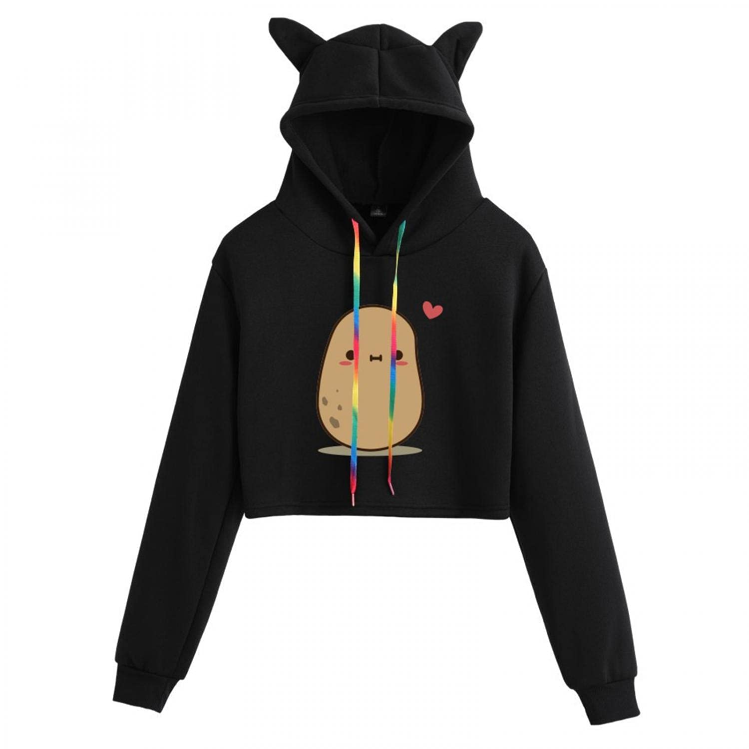 Cute Potato Cat Ears Printed Hoodie for Teen Girls & Women - Long Sleeve Funny Pullover Sweatshirt with Hood & Crop Top | Perfect for Casual Wear, Street Fashion & Instagram Outfits