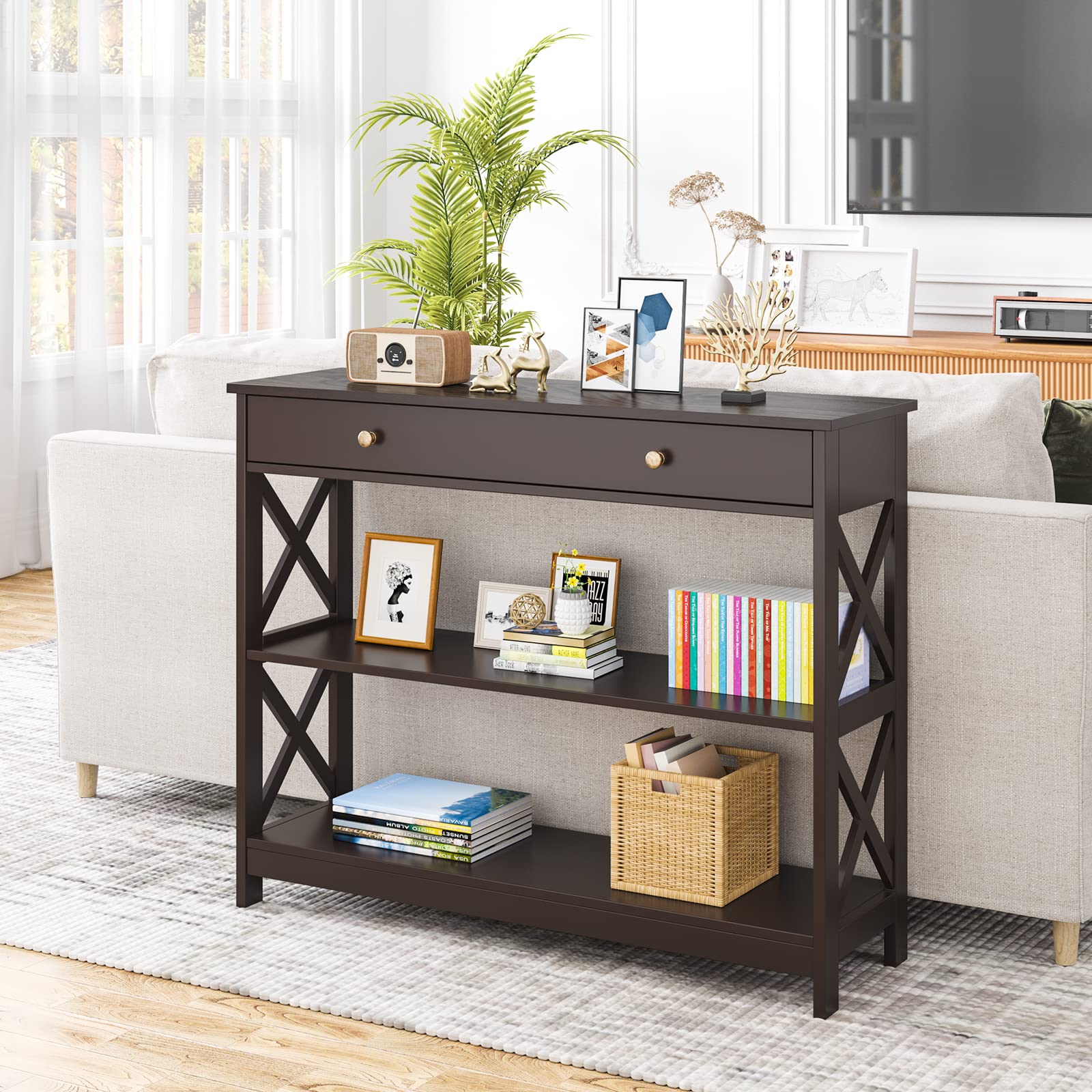 Modern Narrow Console Table with Drawer & 3-Tier Storage Shelves - Sofa Table for Living Room, Entryway Hallway Furniture - Easy Assembly Espresso Finish - Perfect for Small Spaces, Apartment Decor & Home Organization