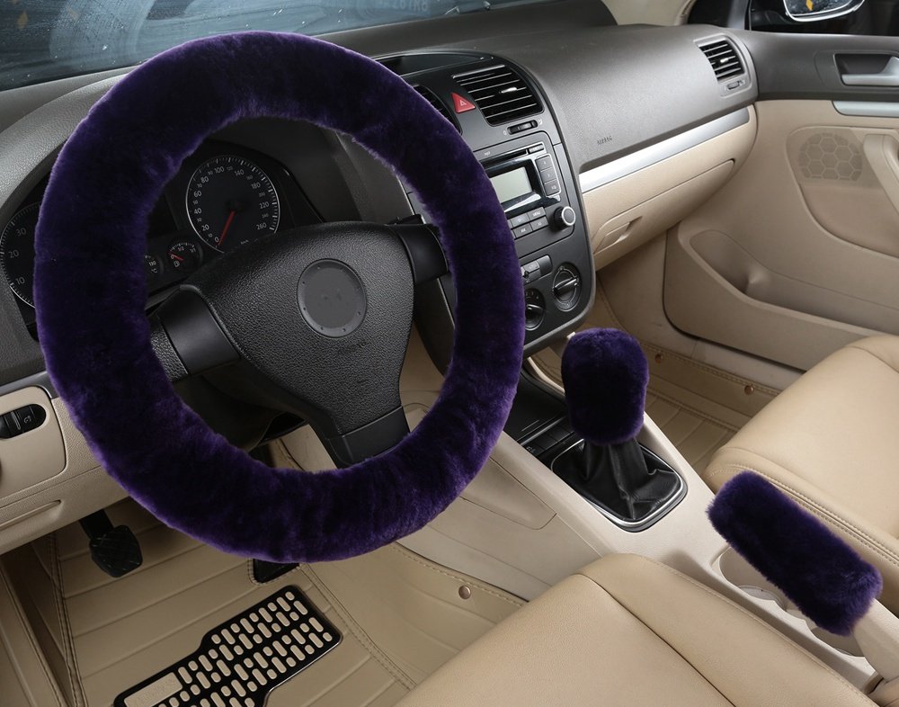 Dotesy 3-Piece Genuine Sheepskin Steering Wheel Cover Set with Gear Shift & Handbrake Cover - Universal 15 Inch Furry Car Protector - Pure Australian Wool (Purple) - Perfect for Winter Driving & Luxury Car Interior Upgrade