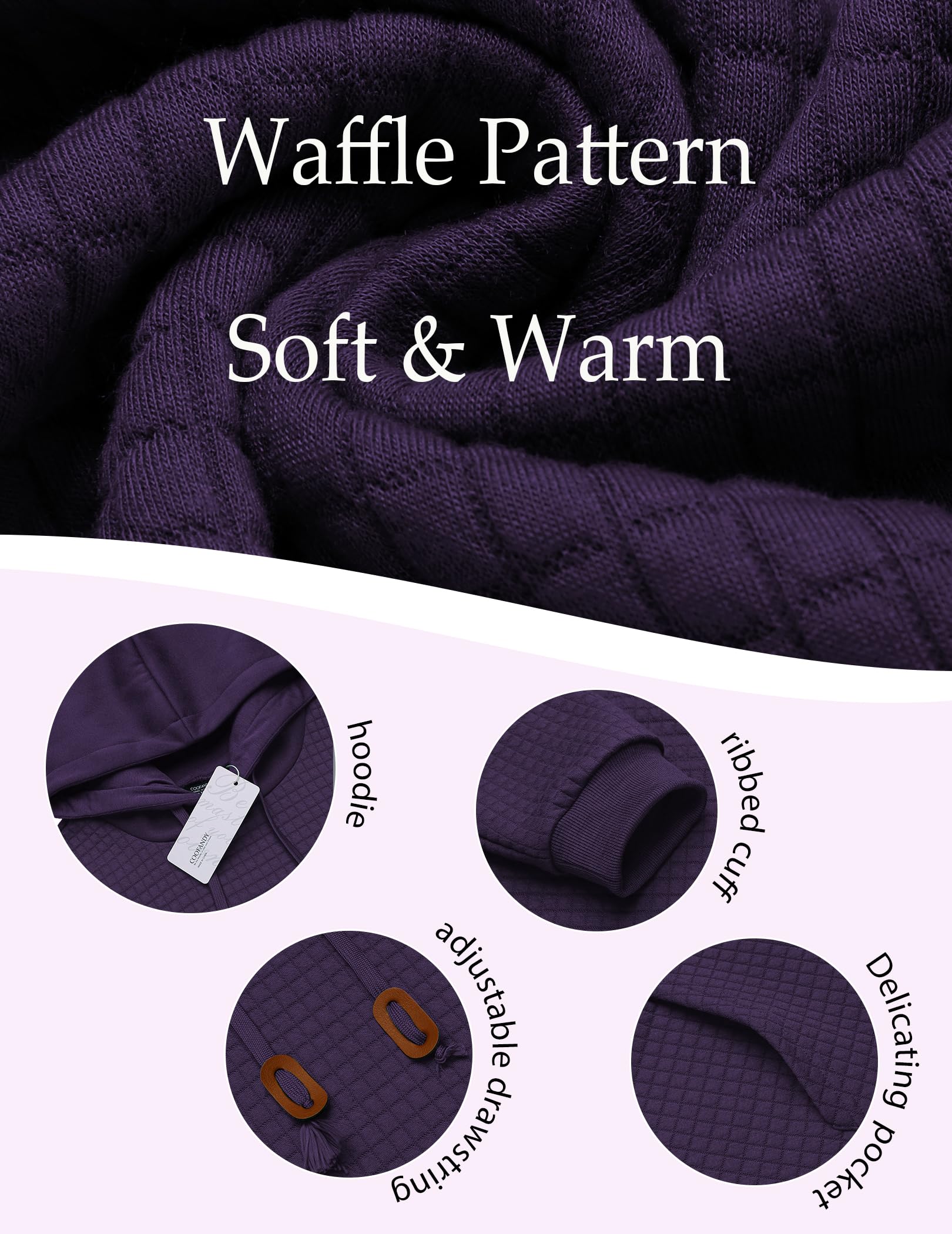 COOFANDY Men's Long Sleeve Waffle Knit Pullover Hoodie with Pocket - Casual Winter Warm Fleece Sweatshirt for Outdoor Activities & Streetwear Fashion
