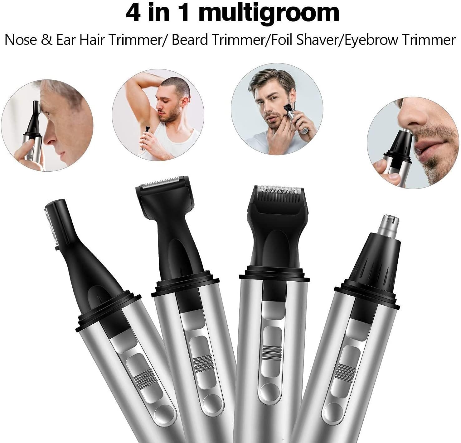KouRy 4-in-1 Cordless USB Rechargeable Nose Ear Hair Trimmer for Men - Waterproof Face, Beard & Sideburns Grooming Kit - Perfect for Travel, Home & Office Use - Ideal Gift for Father's Day & Birthday
