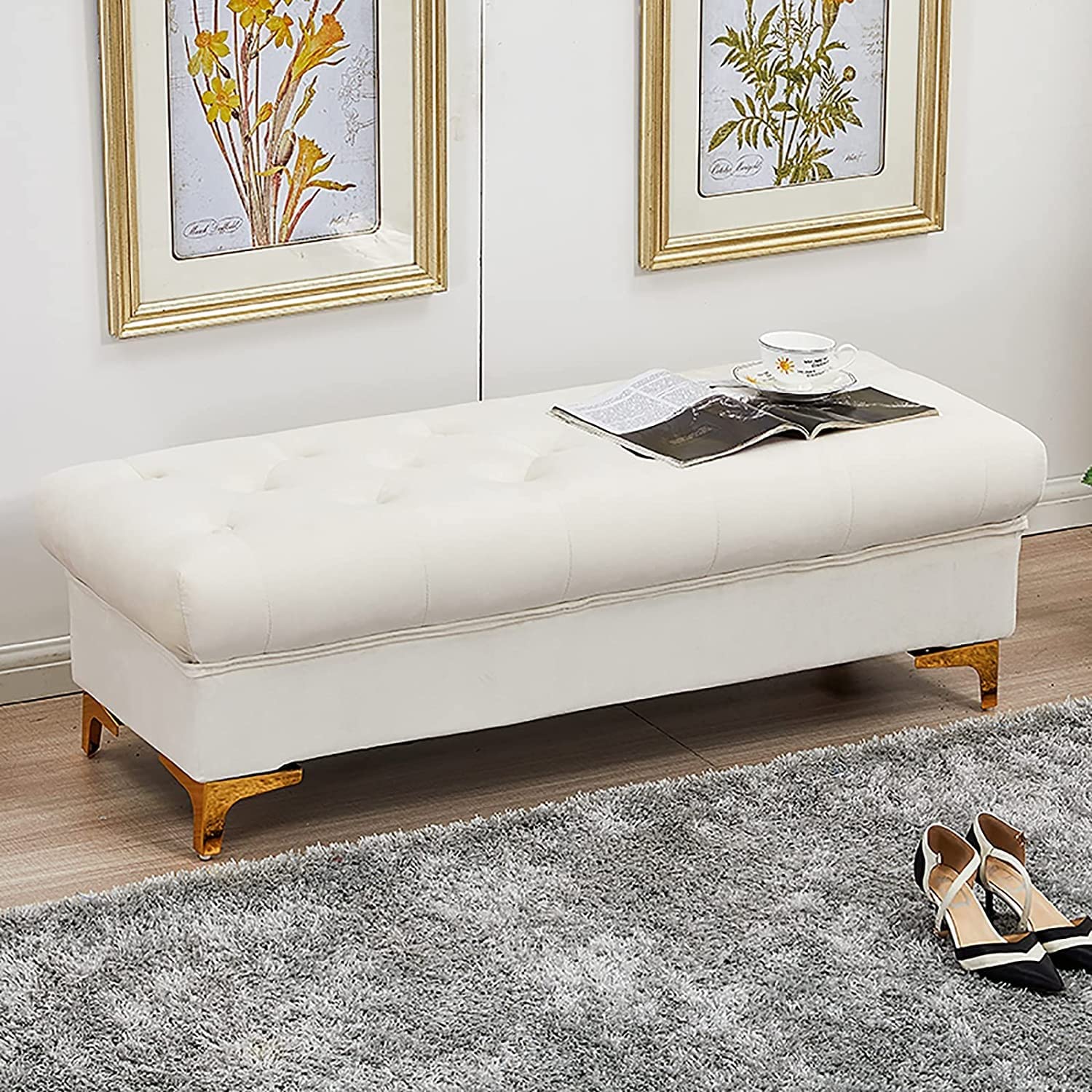 Luxury Velvet Storage Ottoman Bench - Upholstered Seat with Hidden Storage, Modern Footstool for Bedroom, Living Room & Hallway | Multifunctional Shoe Bench & Stylish Home Decor