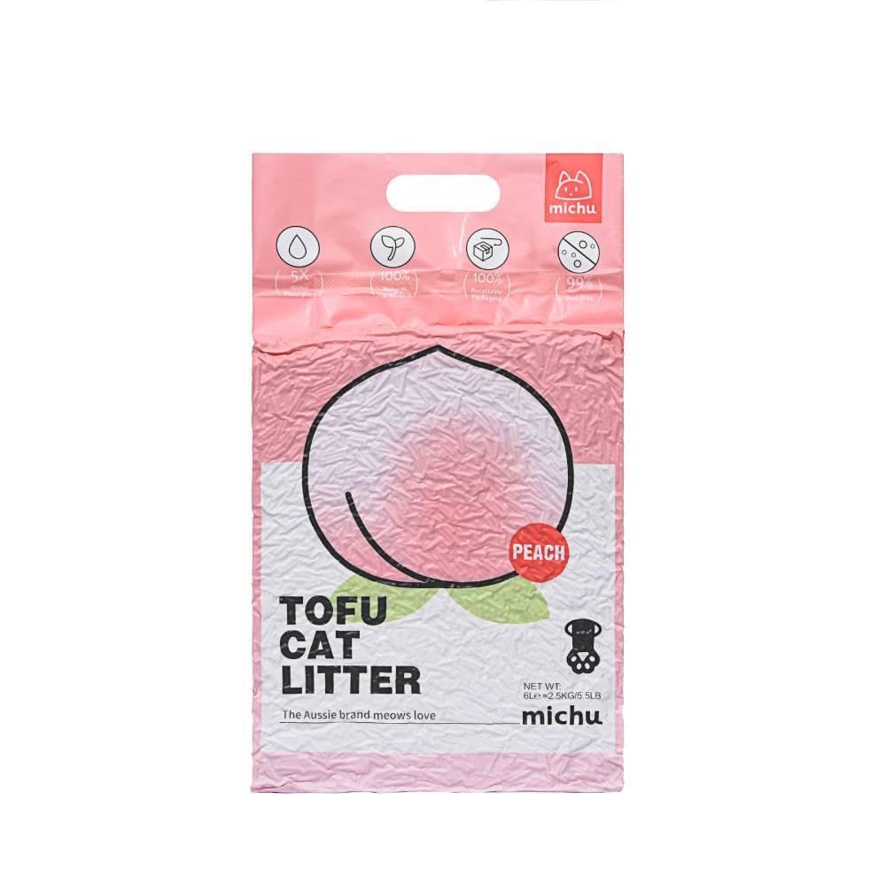 Michu Natural Clumping Tofu Cat Litter - 5.5lb/88oz, 5 Fresh Scents (Peach, Lavender, Green Tea, Original, Lemon) | Eco-Friendly, Low Dust, Flushable Cat Litter for Odor Control | Perfect for Small Spaces & Multi-Cat Households
