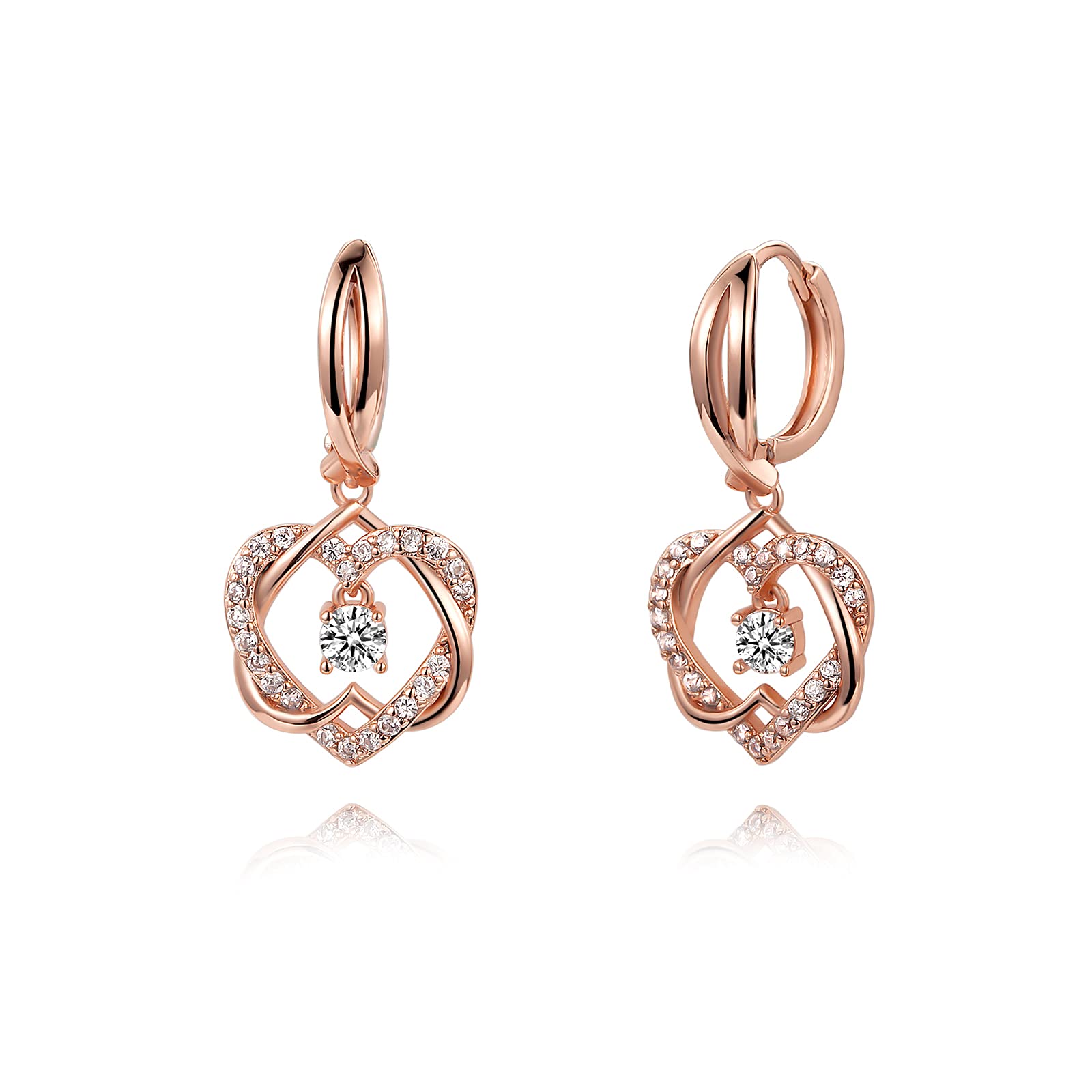 18K Rose Gold Feverfew Dainty Earrings with Zircon & Heart Charm - Handcrafted Personalized Jewelry for Women - Perfect Gift for Valentine's Day, Anniversary & Special Occasions