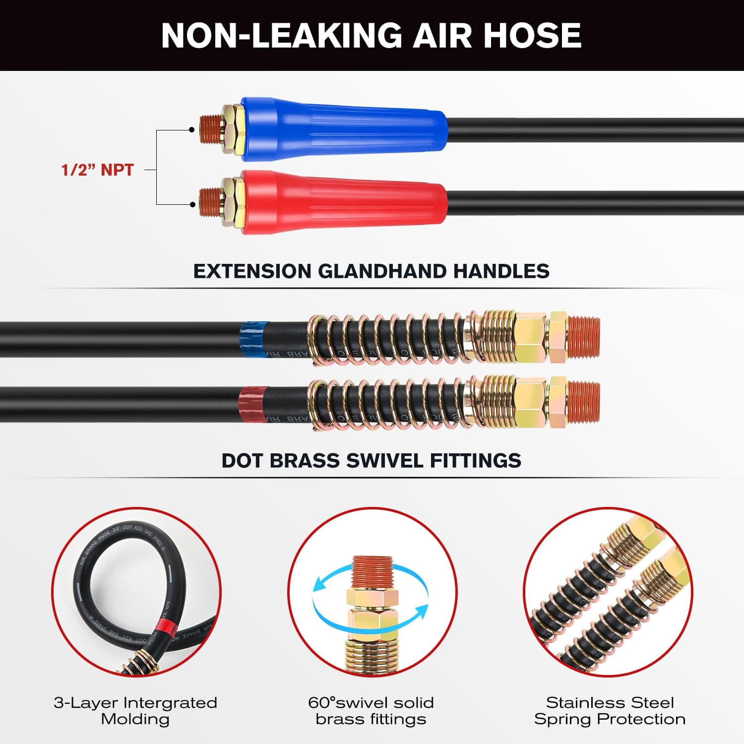 15FT 3-in-1 ABS Electrical Cord Cable & Rubber Air Power Line Hose Kit - Heavy Duty Extension Cord for Power Tools, Air Compressors & Outdoor Equipment