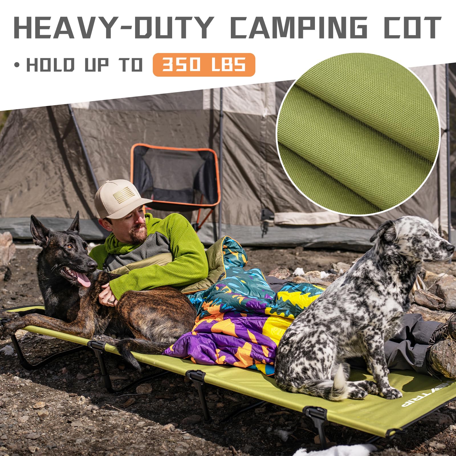 HEYTRIP Extra-Wide Folding Camping Cot - XXL Heavy Duty 350lb Capacity Portable Bed with Side Pocket & Carry Bag - Lightweight Quiet Sleeping Cot for Backpacking, Car Camping, Outdoor Adventures (Green)
