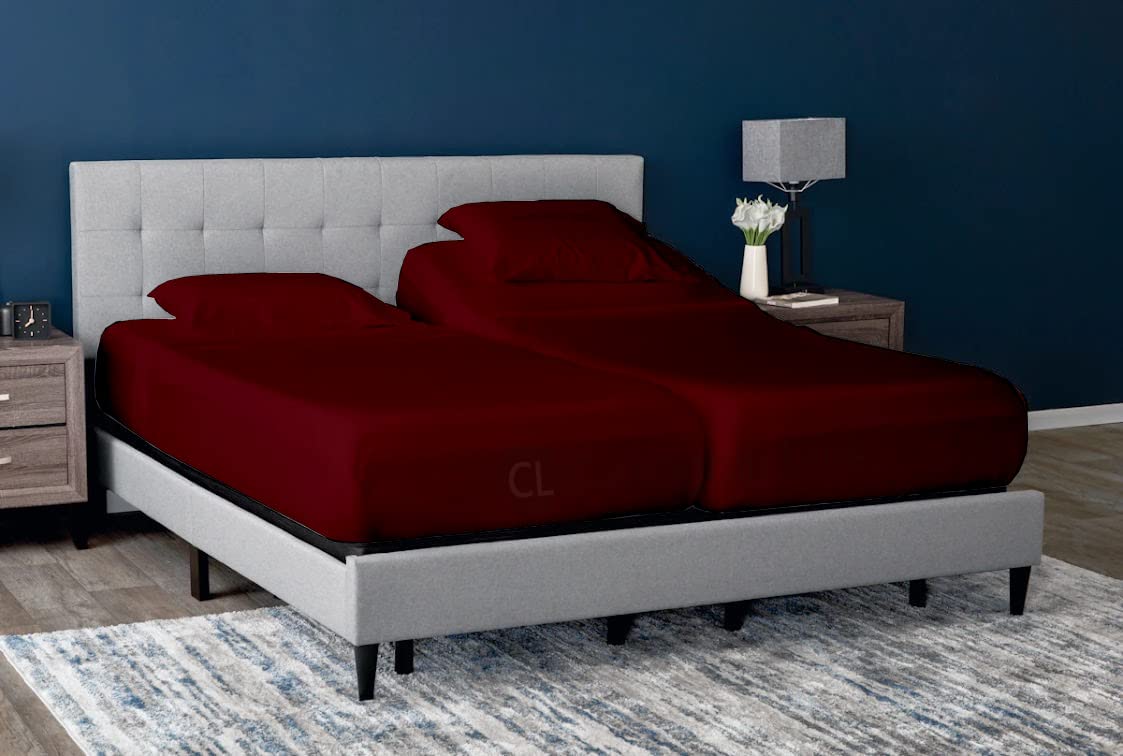 Split King Sheets Set - 12 Inch Deep Pocket Cotton Fitted Sheets for Adjustable Beds - Twin XL Size - Burgundy Solid Color - Perfect for Master Bedrooms, Guest Rooms & Luxury Hotels