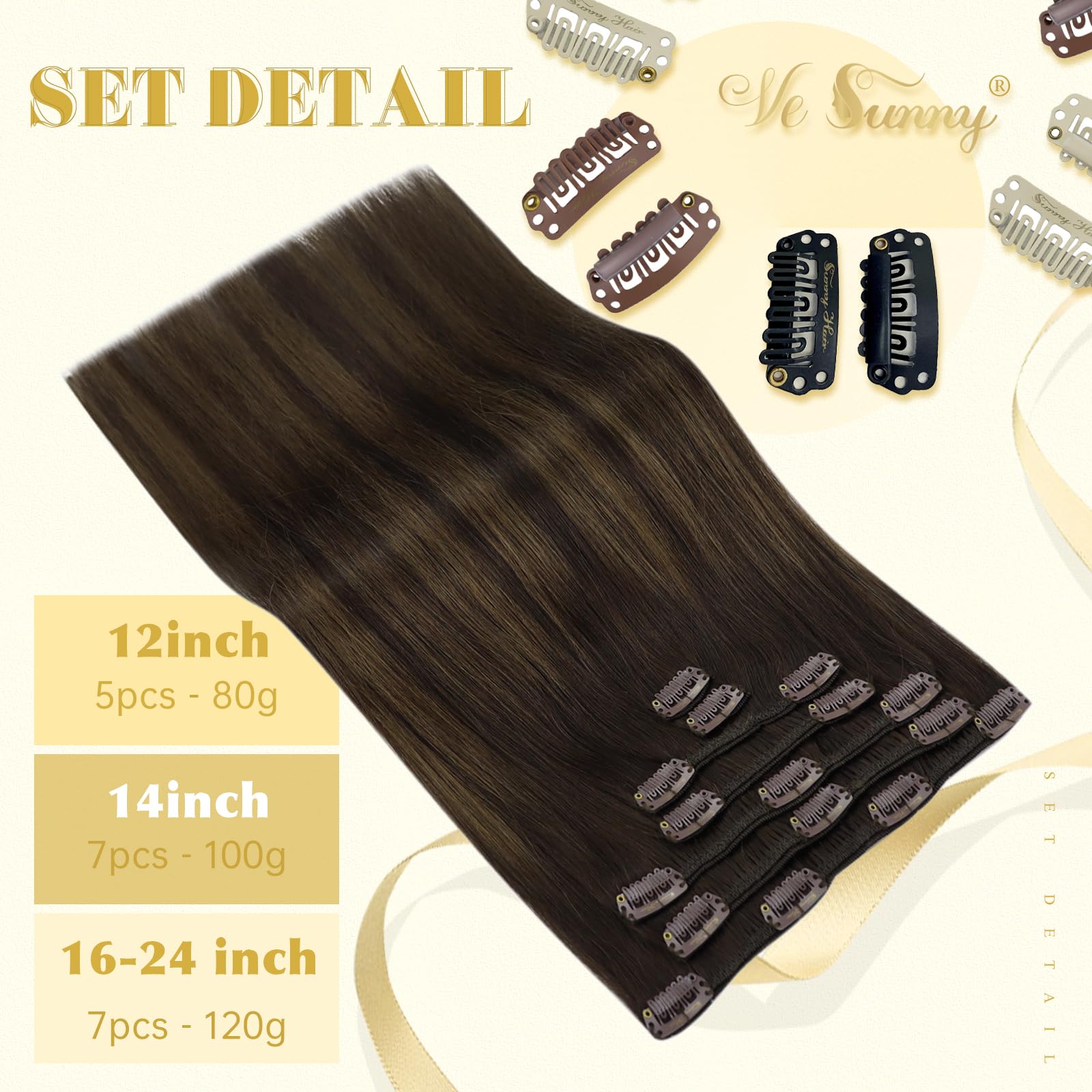 Ve Sunny 22 Inch Clip-in Human Hair Extensions - Balayage Brown Remy Hair Weft (120g, 7Pcs) for Volume & Length | Perfect for Daily Styling, Parties & Special Occasions