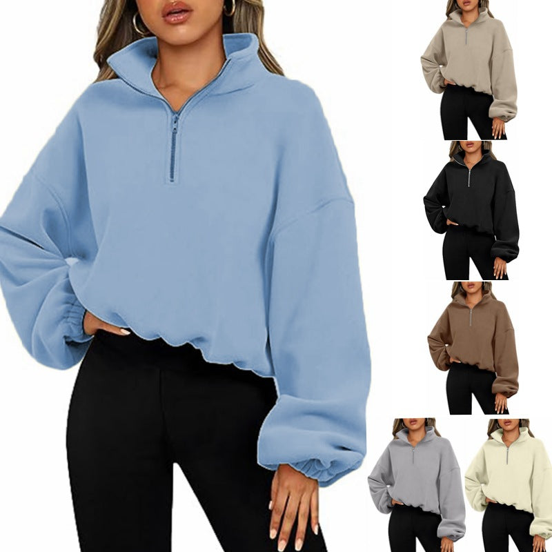 Women's Winter Loose Fit Sport Pullover Hoodie with Zipper Stand Collar - Thick Warm Fleece Sweatshirt for Running, Gym & Outdoor Activities
