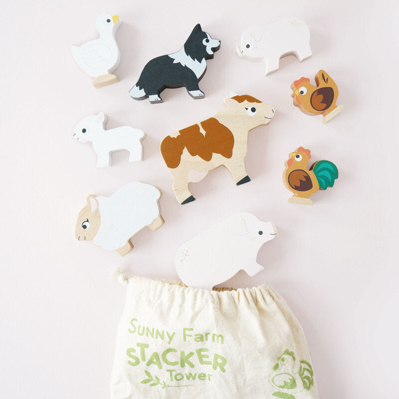 Petilou Wooden Farm Animal Stacking Toys with Storage Bag - Montessori Learning Toys for Toddlers, Perfect for Farm-Themed Playrooms & Early Childhood Education