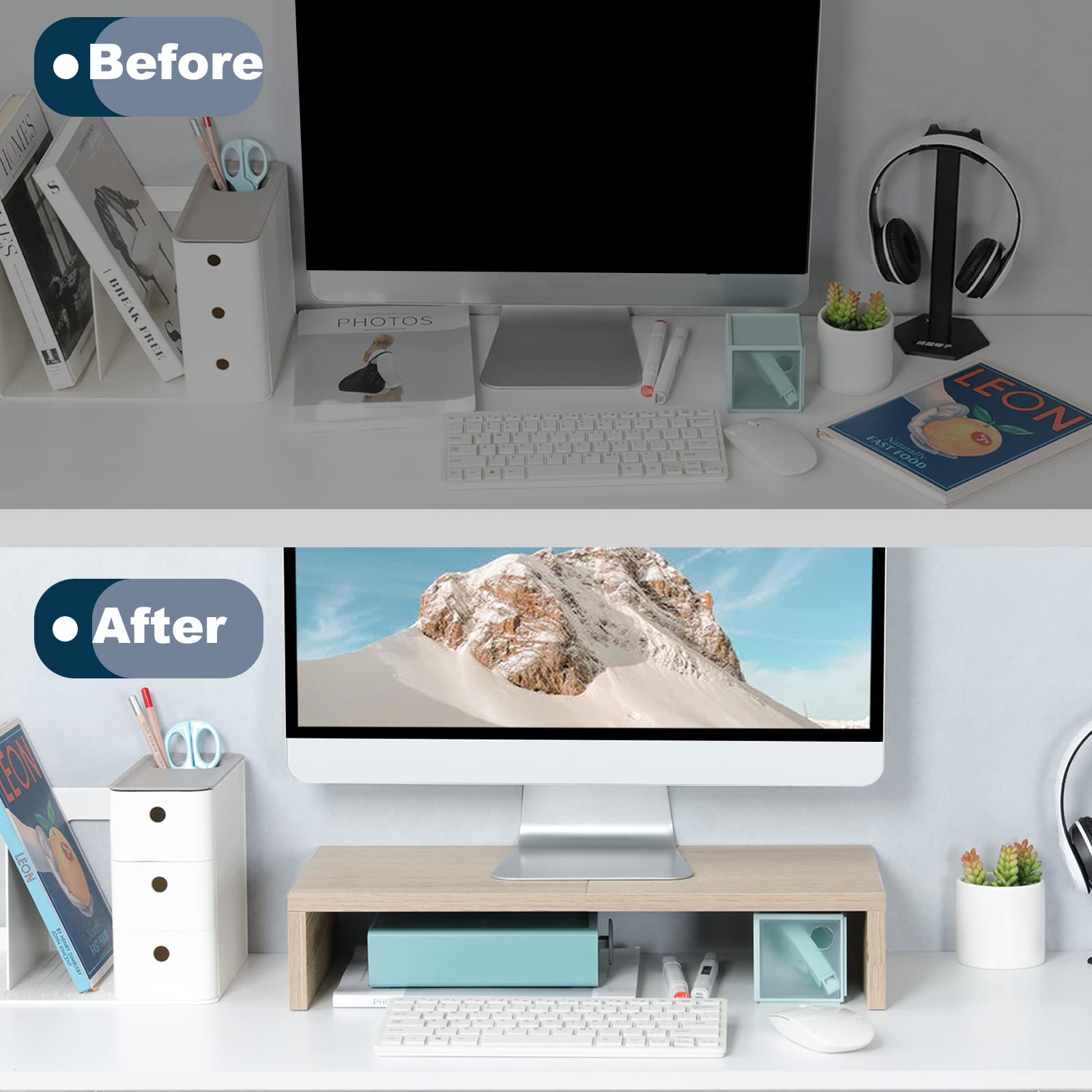 TEAMIX 20 Inch Wooden Monitor Stand Riser for Desk - Ergonomic Computer Monitor Riser with Keyboard Tray for PC, Laptop, TV, Printer | Perfect for Home Office, Gaming Setup & Workspace Organization