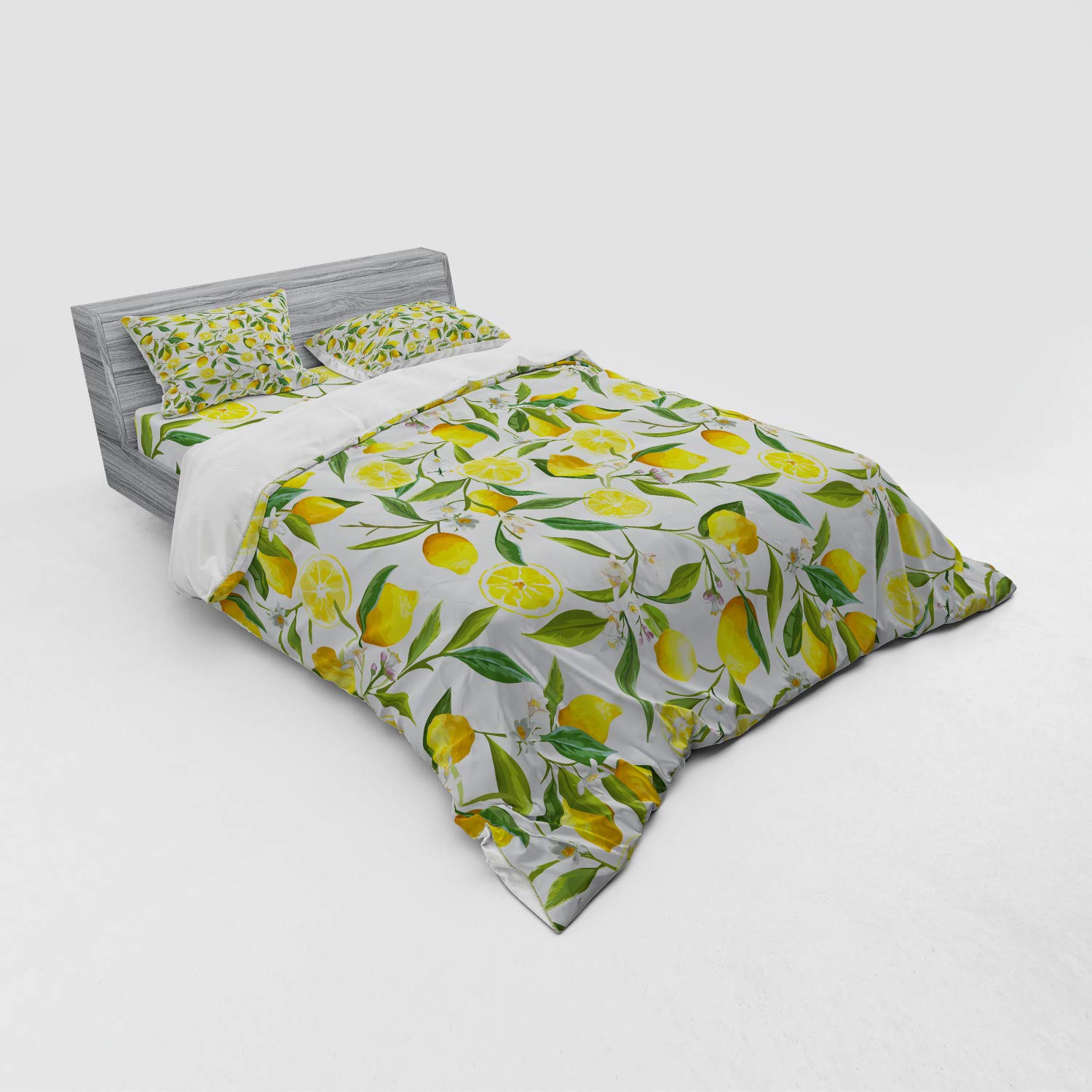 Ambesonne 4-Piece Queen Duvet Cover Set - Exotic Lemon Tree Branches Kitchen & Garden Design, Fern Green Yellow White, Soft Bedding with Shams & Fitted Sheet for Cozy Bedroom Decor, Perfect for Farmhouse & Boho Style Homes