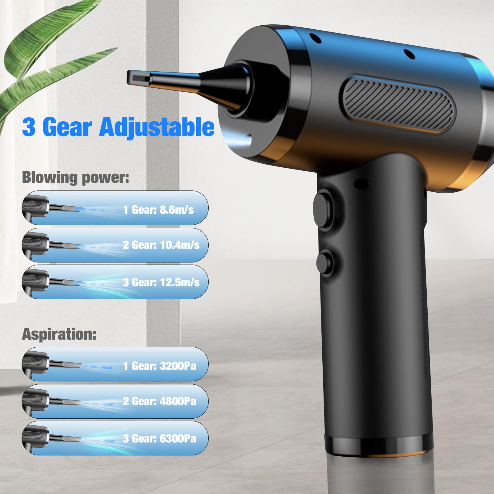 Electric Air Duster for PC Cleaning - 6000mAh Rechargeable Battery with 3 Adjustable Speeds, Includes Keyboard Cleaning Brush & USB Quick Charge | Perfect for Computer, Laptop, Car, Office & Home Cleaning