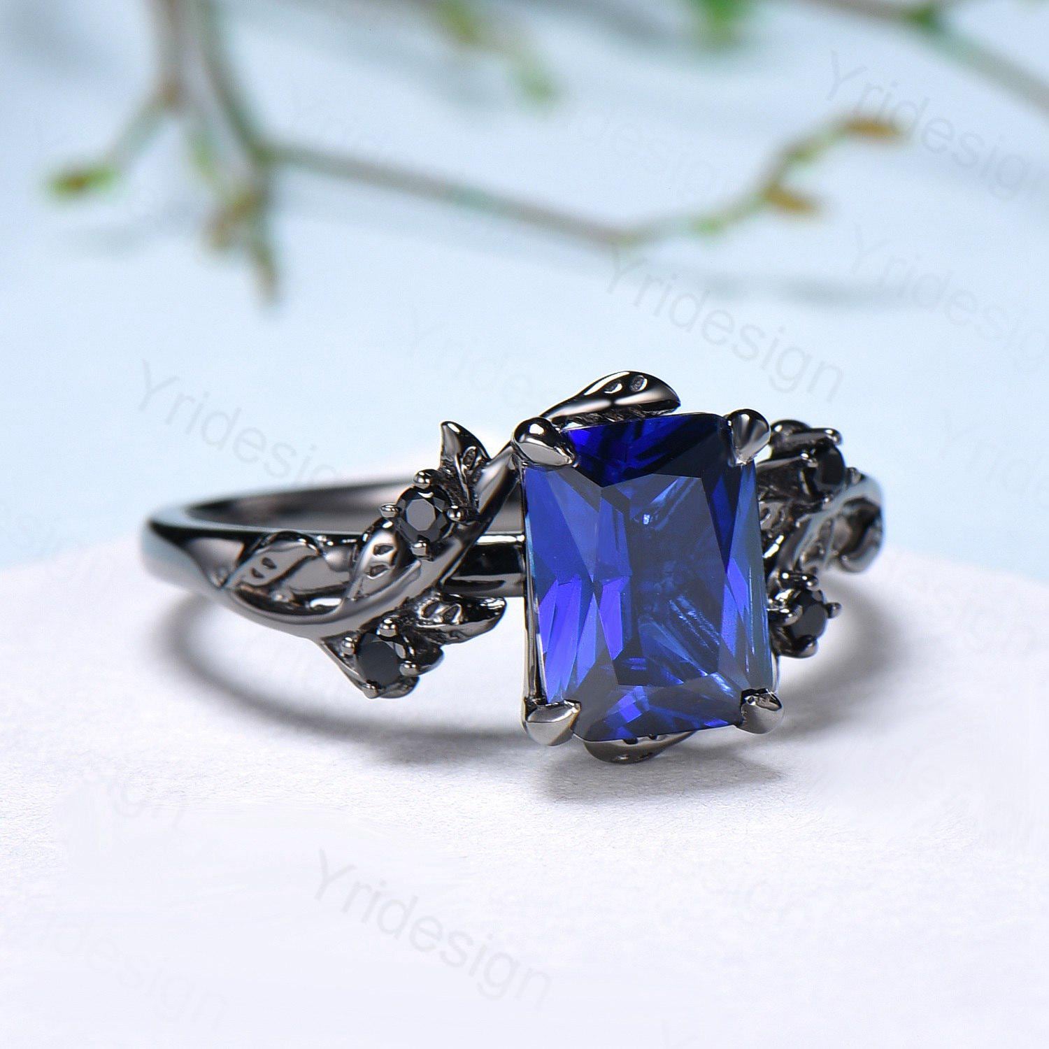 Black Gold Sapphire Engagement Ring - Emerald Cut with Twig Vine Design, September Birthstone, Spinel Cluster Promise Gift for Her | Perfect for Proposals, Anniversaries & Special Occasions