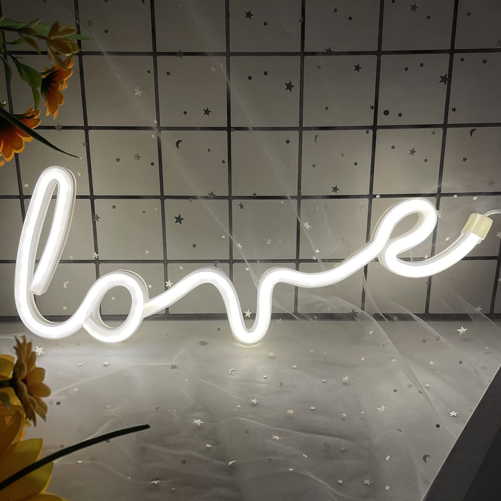XIYUNTE Love Neon Signs - LED Love Neon Light for Wall Decor, Battery/USB Powered White Neon Sign - Perfect for Valentine's Day, Wedding, Bedroom & Party Decoration - Romantic Home Decor & Gift Idea