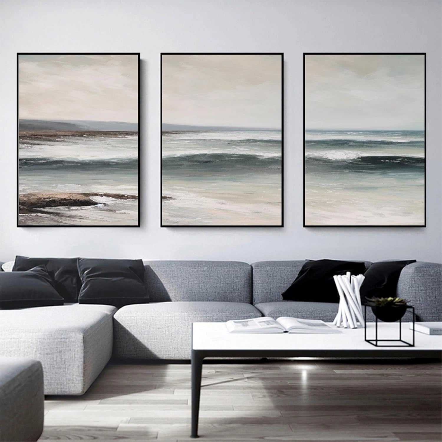 Ocean and Sky Wall Art Set of 3 - Coastal Beach Decor Paintings for Living Room, Bedroom & Office - Modern Seascape Canvas Prints (OS 260)