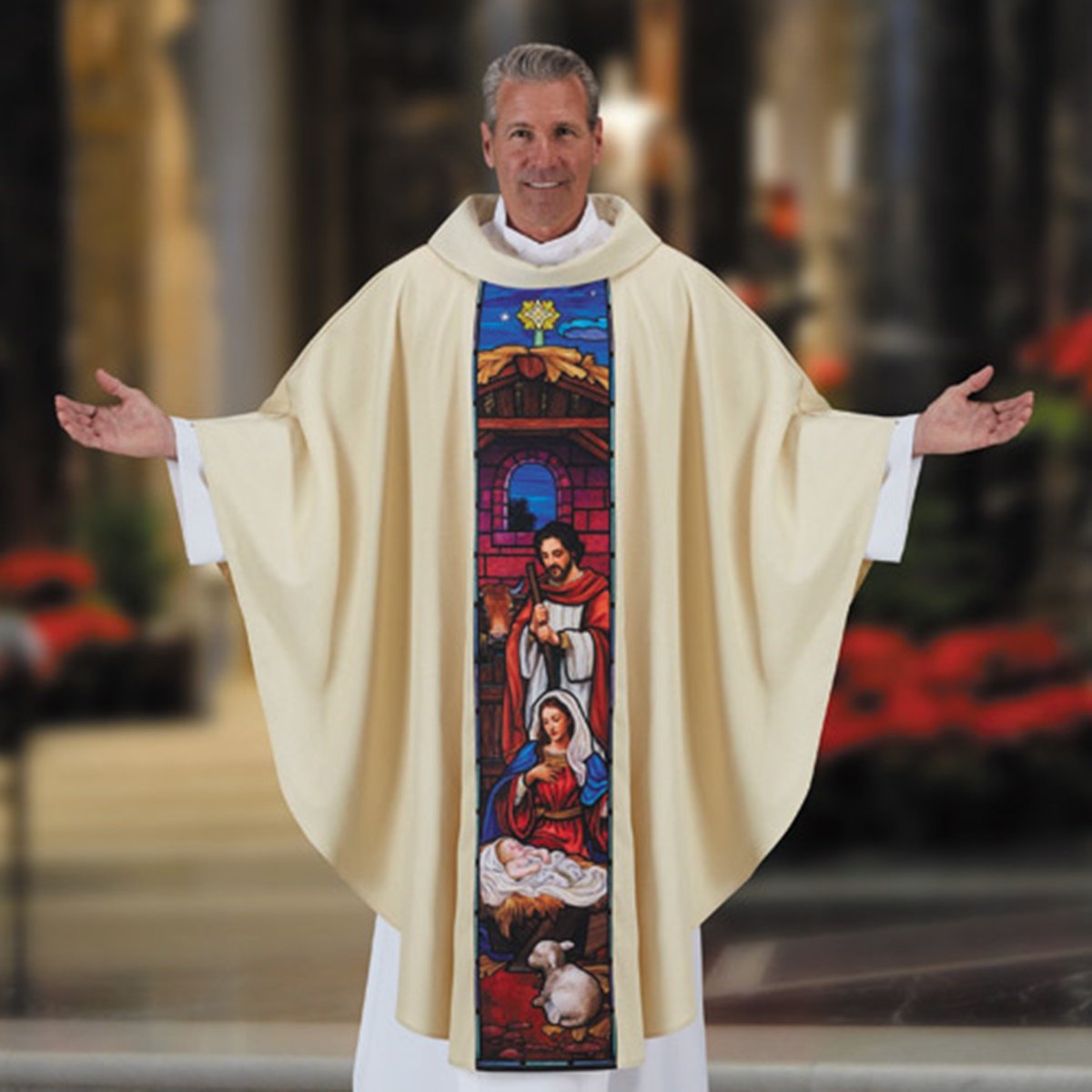 59 Inch Beige Stained Glass Christmas Nativity Chasuble with Inner Stole - Perfect for Church Services, Holiday Celebrations & Nativity Displays