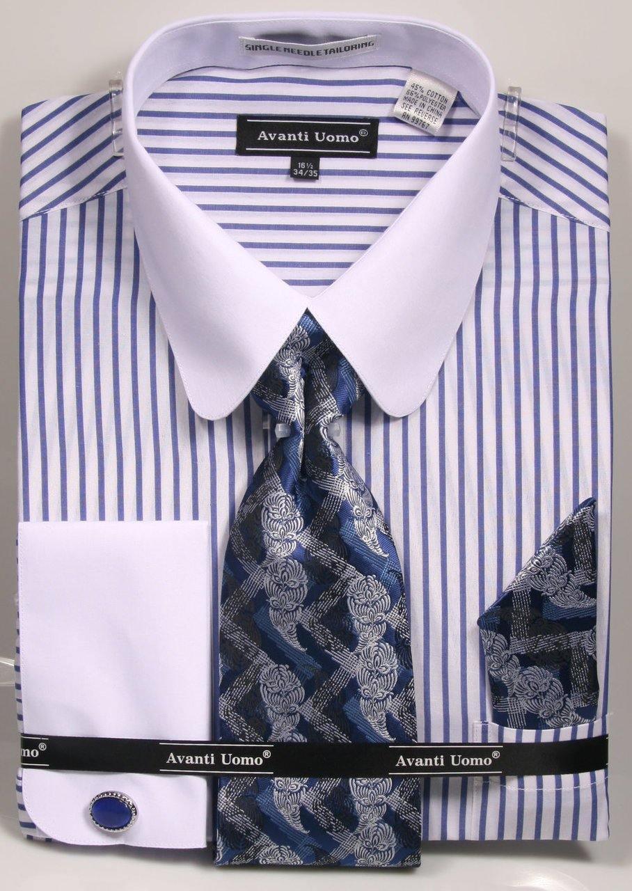 Men's Blue PinStripe Dress Shirt Set with White Rounded Collar - Formal Office Wear & Business Casual Outfits for Professional Men