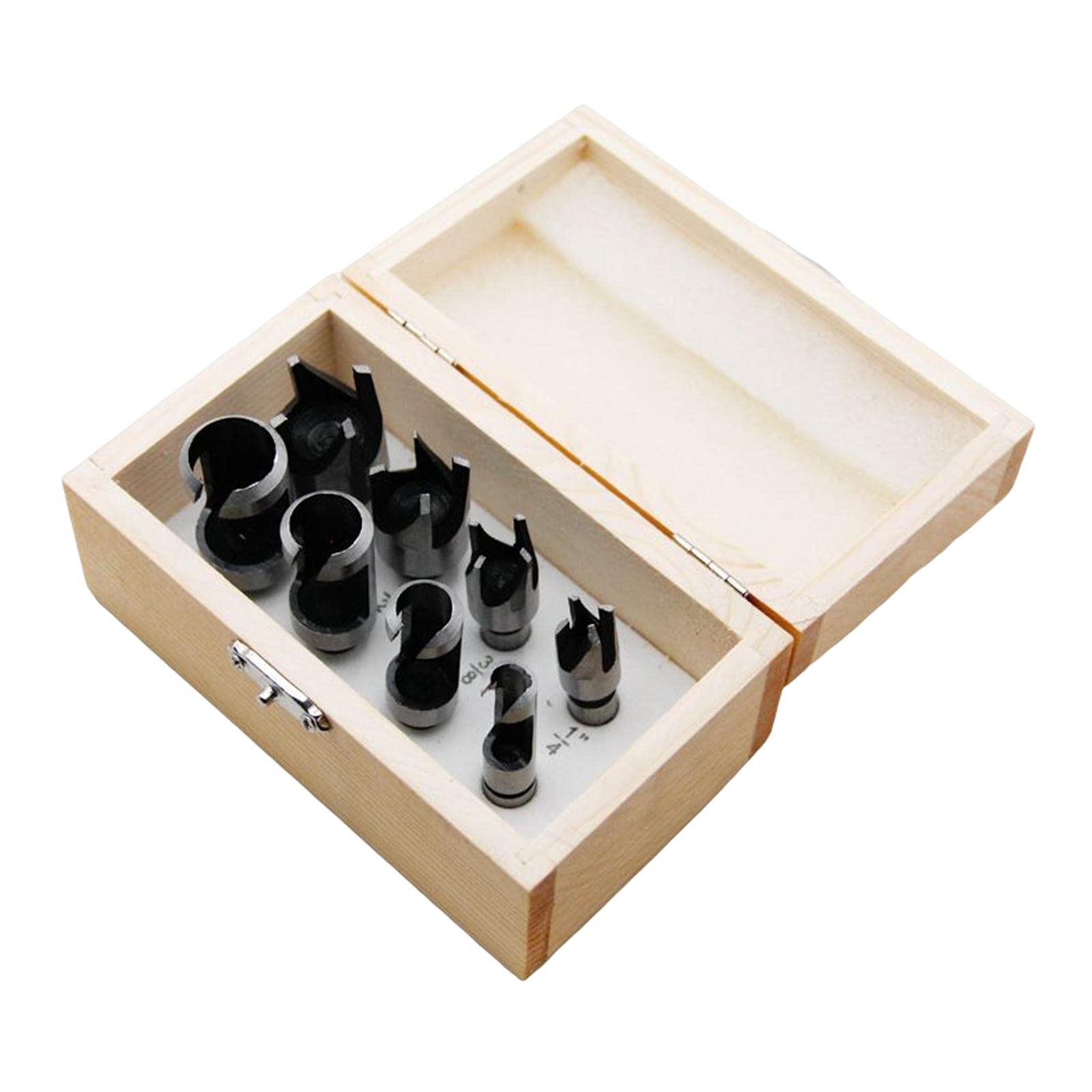 8-Piece High Carbon Steel Plug Hole Cutter Set - Straight & Tapered Claw Type with Wooden Box - Professional Woodworking Cutting Tools for Cabinet Making, Furniture Repair, and DIY Projects