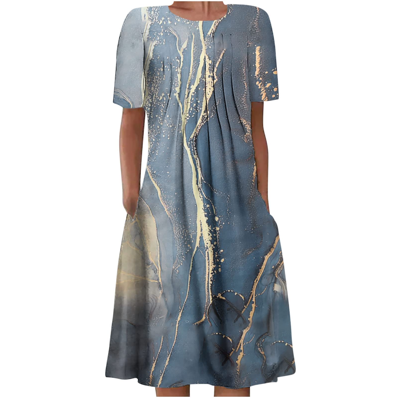 Huneny Women's Vintage Print Summer Ruched Midi Dress - Short Sleeve, Crew Neck, Pleated Hem with Pockets - Casual Loose Fit Dress for Beach, Vacation, and Everyday Wear