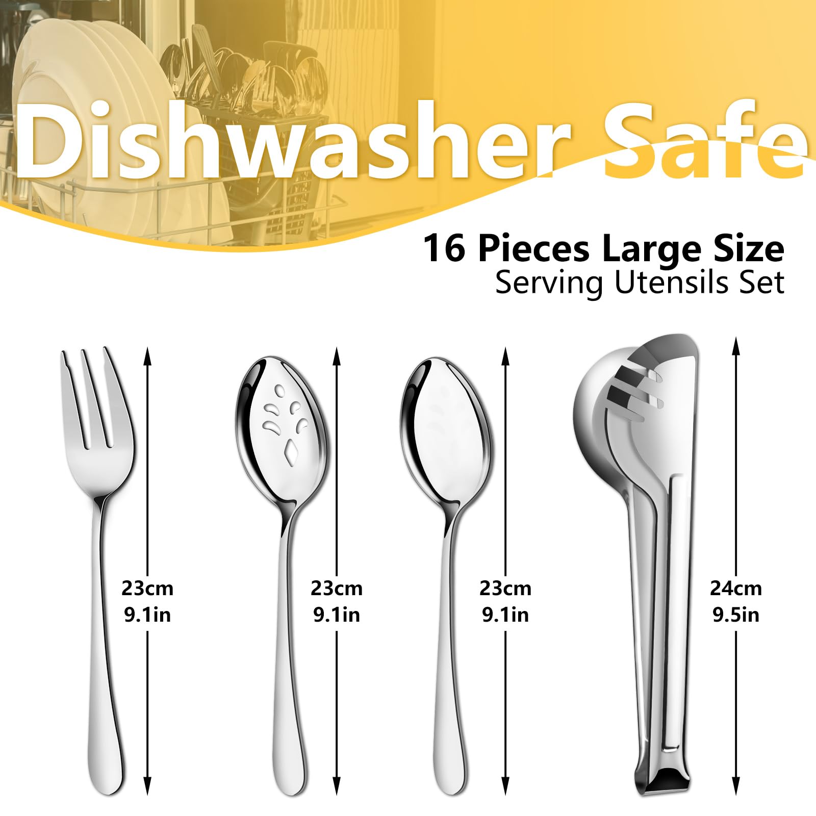 Premium 16-Piece Stainless Steel Serving Utensil Set - Includes Serving Spoons, Slotted Spoons, Forks & Tongs - Perfect for Parties, Buffets, Banquets & Catering Events - Durable & Elegant Kitchen Tools for Entertaining