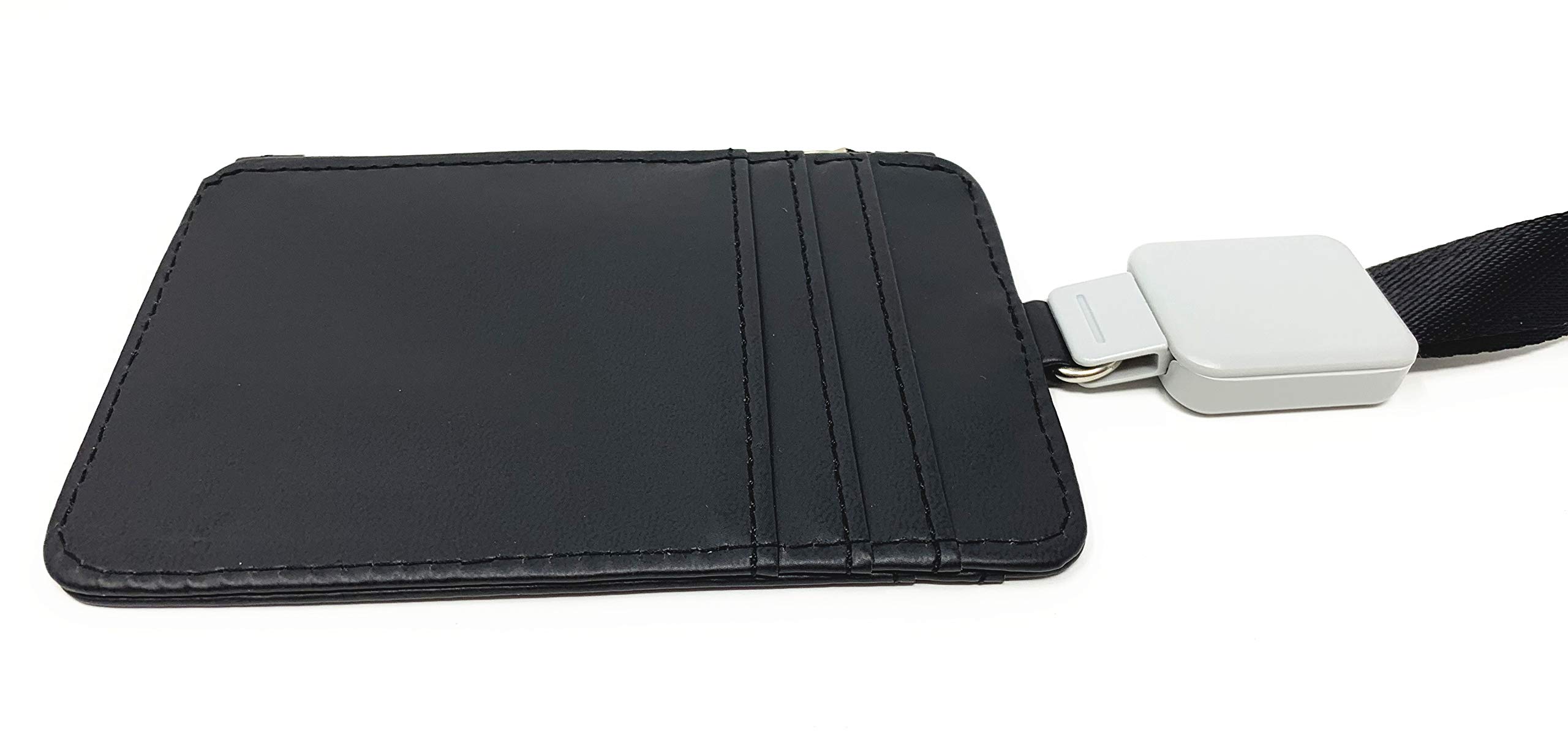 PU Leather Vertical ID Badge Holder with Zip - Slim Double Sided RFID Blocking Wallet Case with 5 Card Slots & Zipper Pocket - Includes Neck Lanyard & Retractable Reel (Black) - Perfect for Office, Security, Events & Conventions