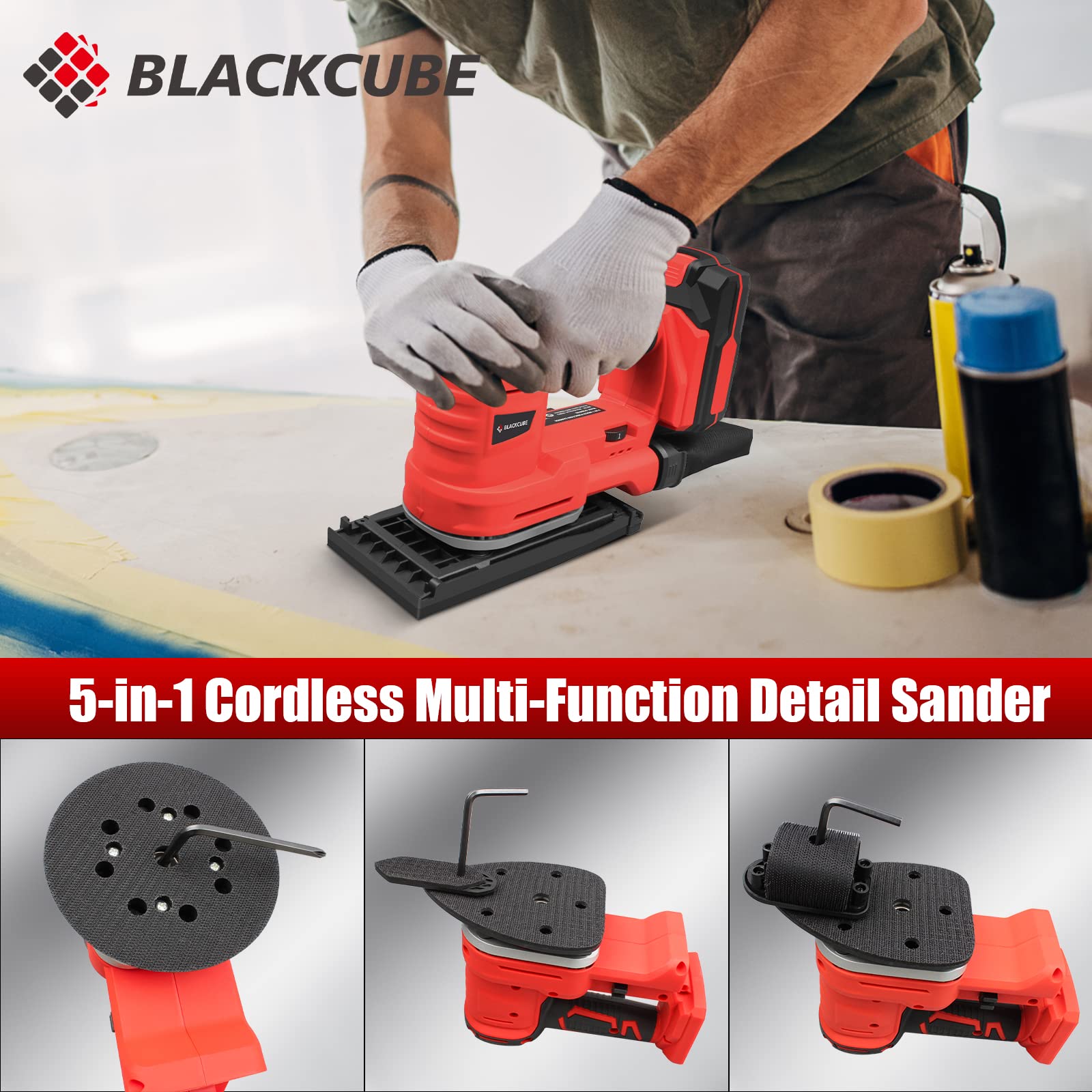 BLACKCUBE 20V Cordless 5-in-1 Multi-Function Detail Sander with 6 Speed Control, Dust Bag, 2.0Ah Battery & Fast Charger - Perfect for Wood Sanding, Furniture Refinishing, DIY Projects - Includes 10 Sanding Papers