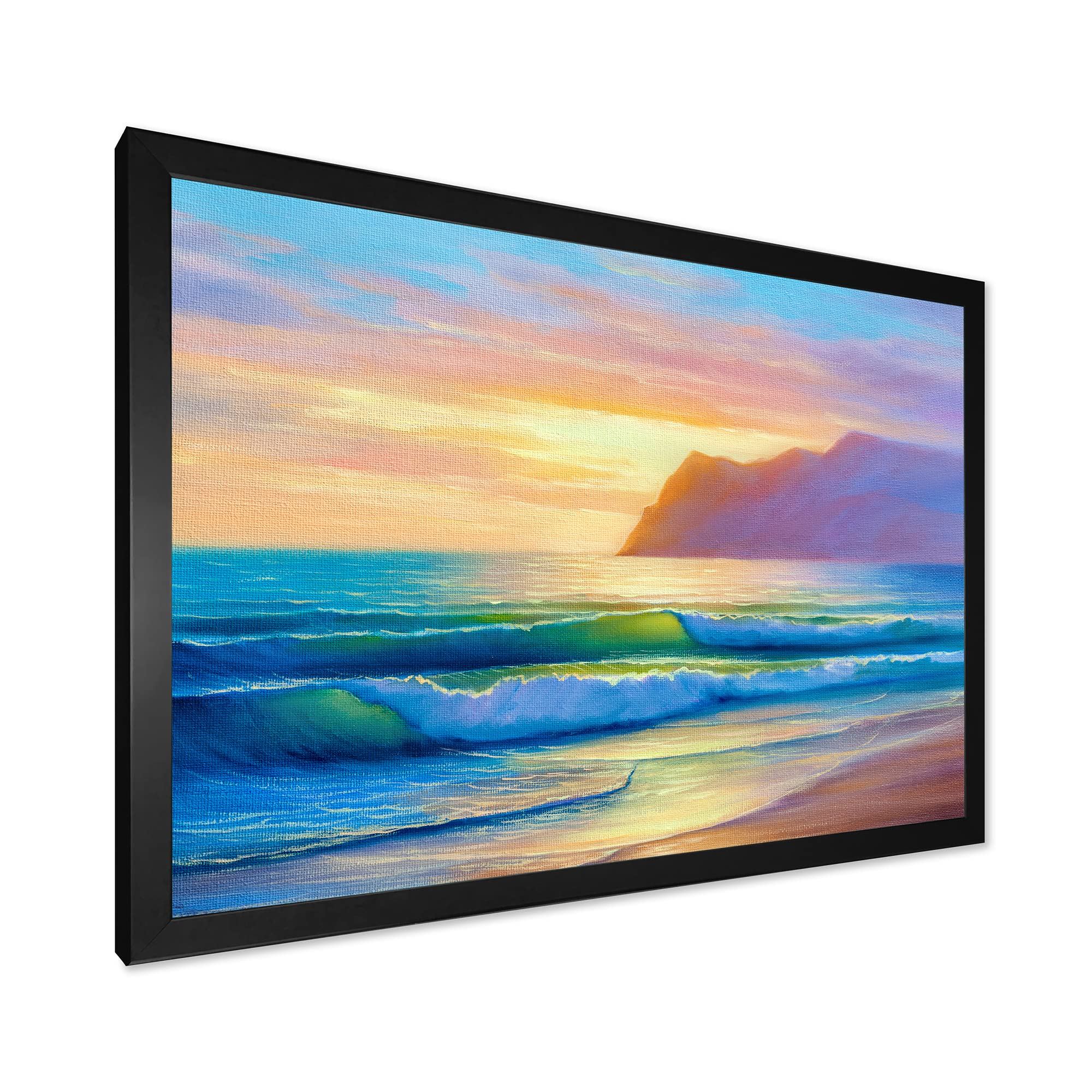 DesignQ Morning Sunlight On The Sea Waves IV - Coastal Framed Wall Art Painting for Living Room, Bedroom & Office Decor | Nautical Beach Theme Home Decoration